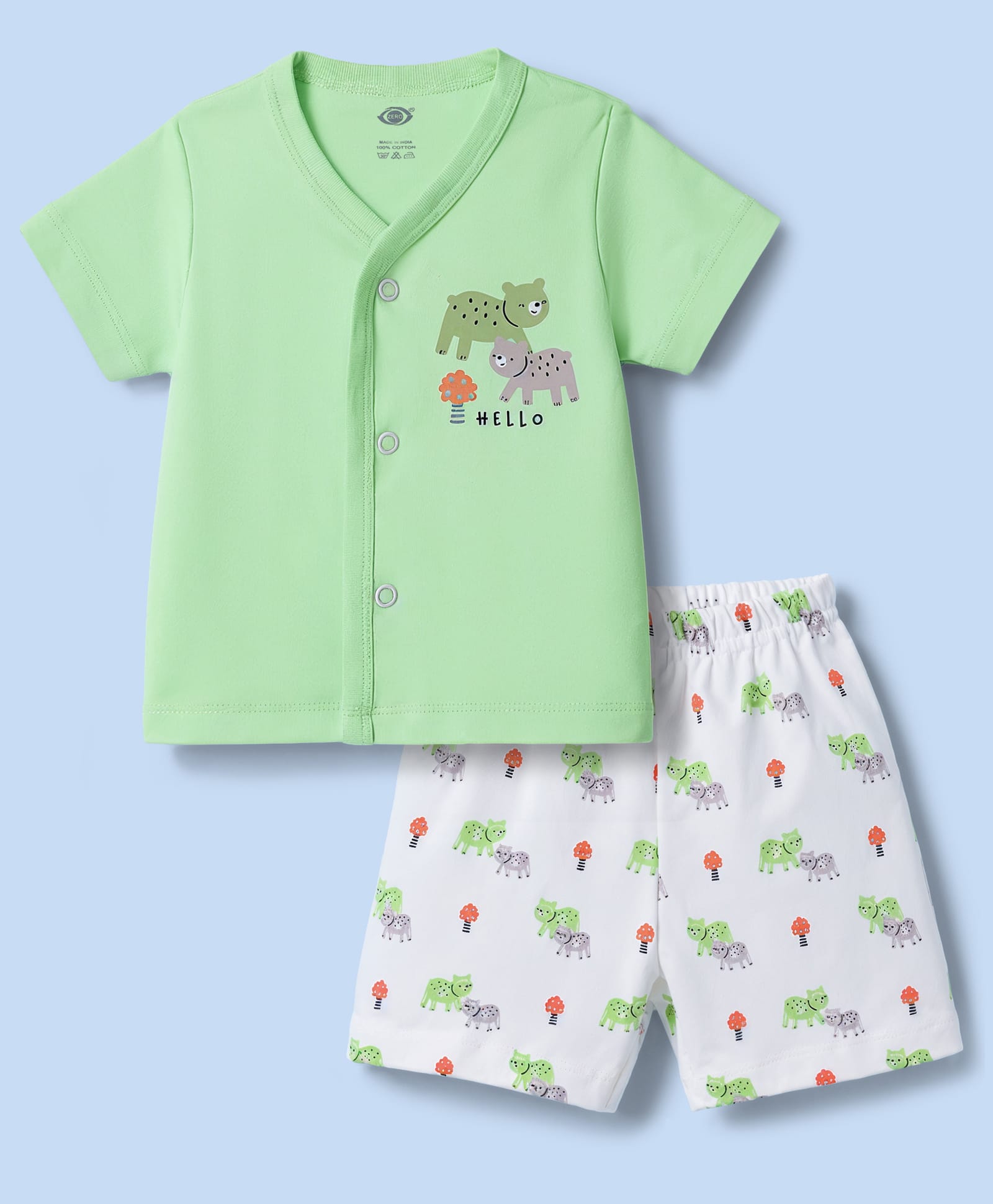 Zero Sinker Knit Half Sleeves Bear Printed T-Shirt & Shorts Night Suit - Light Green & White-picture-24