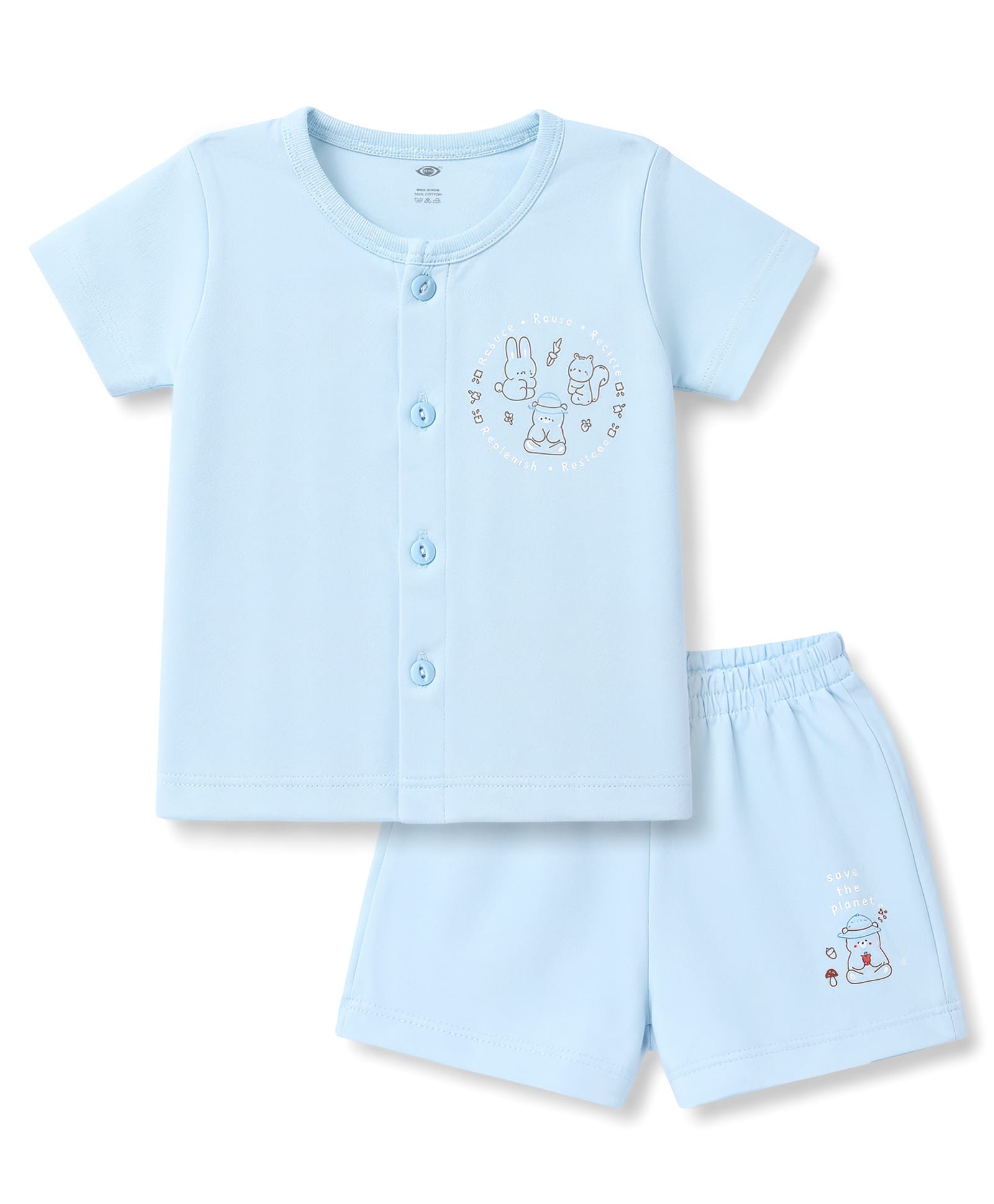 Zero Sinker Knit Half Sleeves Bunny Printed T-Shirt & Shorts Night Suit - Aqua Blue-picture-15