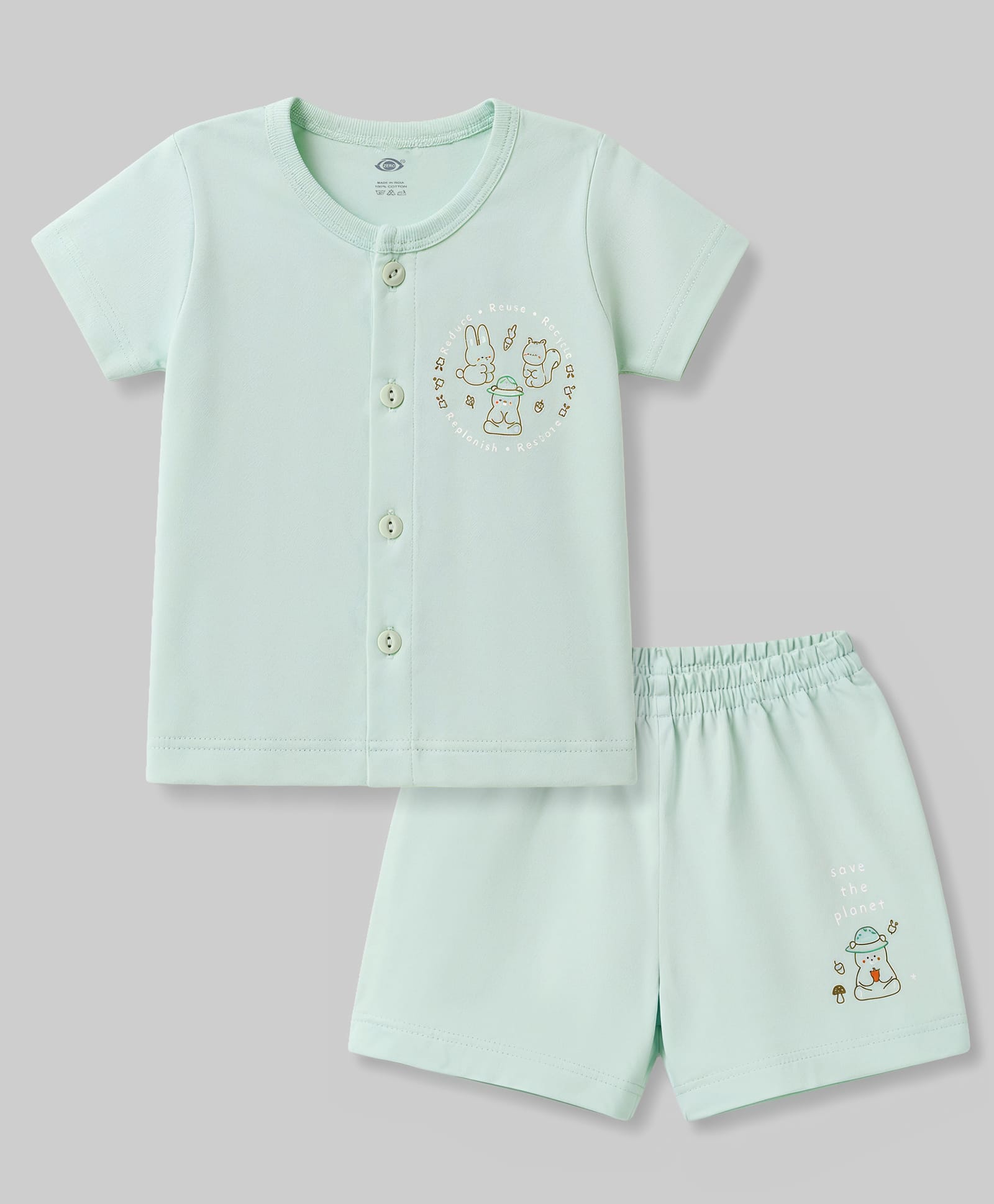 Zero Sinker Knit Half Sleeves Bunny Printed T-Shirt & Shorts Night Suit - Mint-picture-6