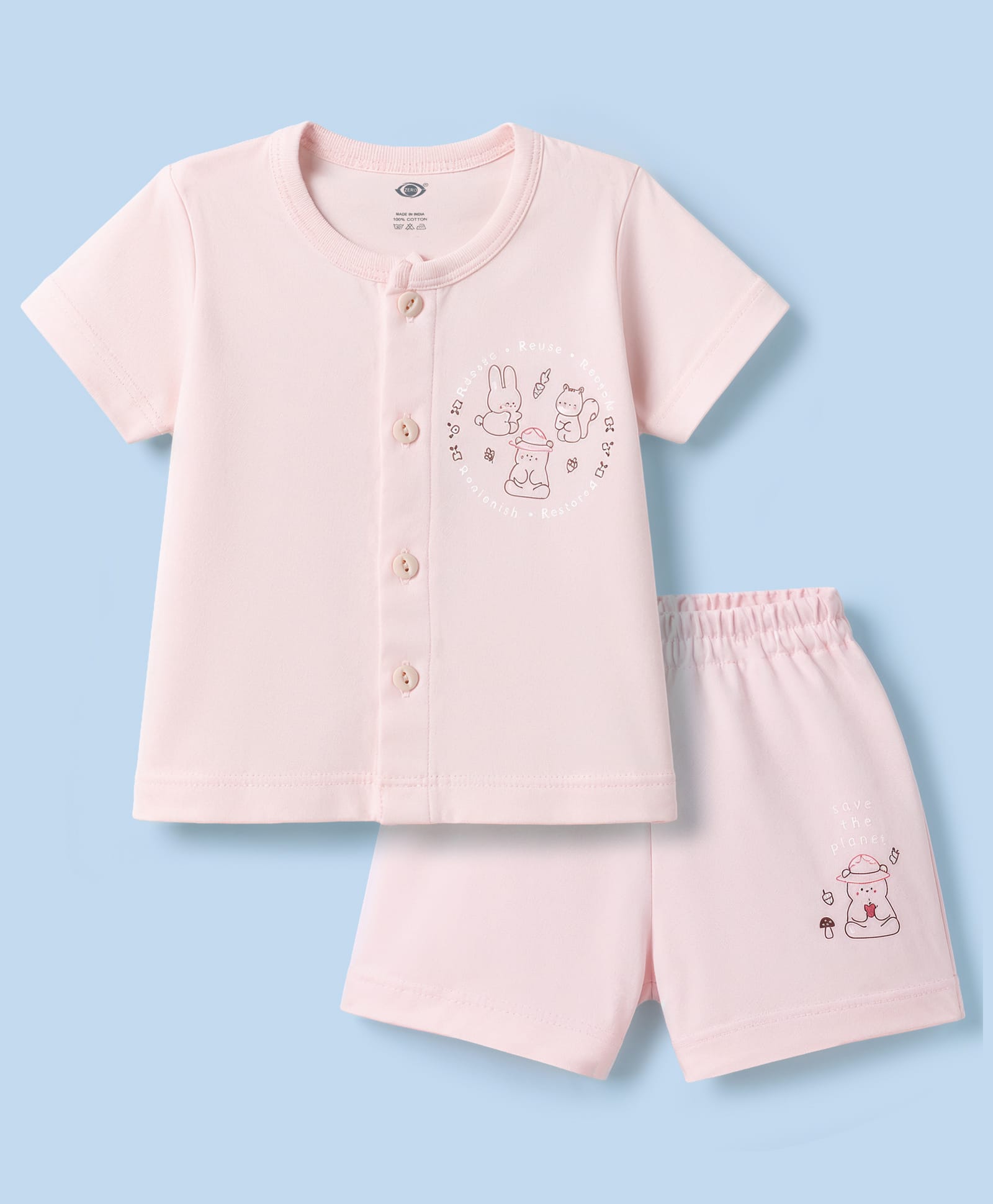 Zero Sinker Knit Half Sleeves Bunny Printed T-Shirt & Shorts Night Suit - Baby Pink-image-47
