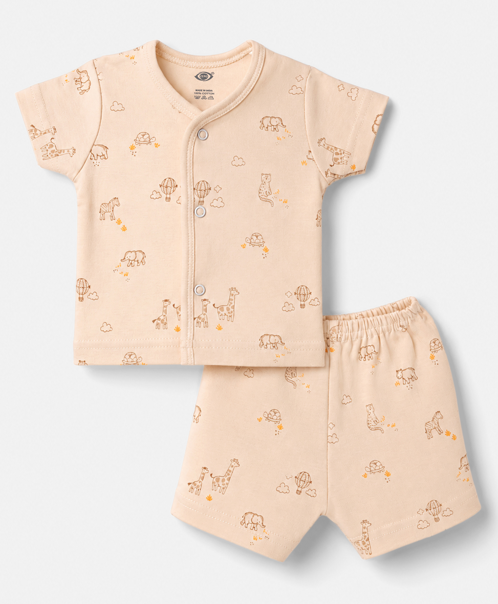 Zero Sinker Knit Half Sleeves Animal Printed Co-Ords T-Shirt & Shorts Night Suit - Beige-picture-38