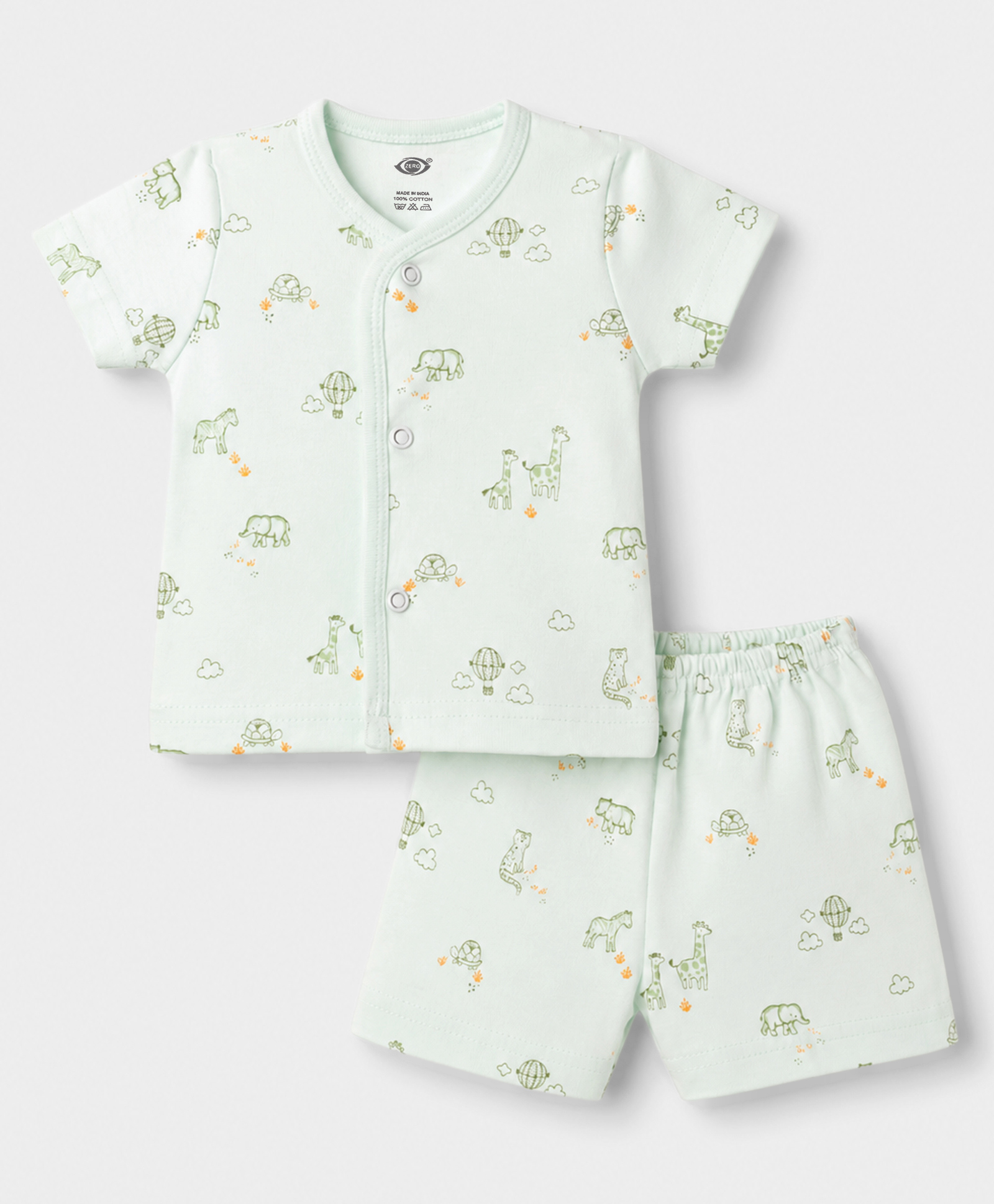 Zero Sinker Knit Half Sleeves Animal Printed Co-Ords T-Shirt & Shorts Night Suit - Light Green-picture-14