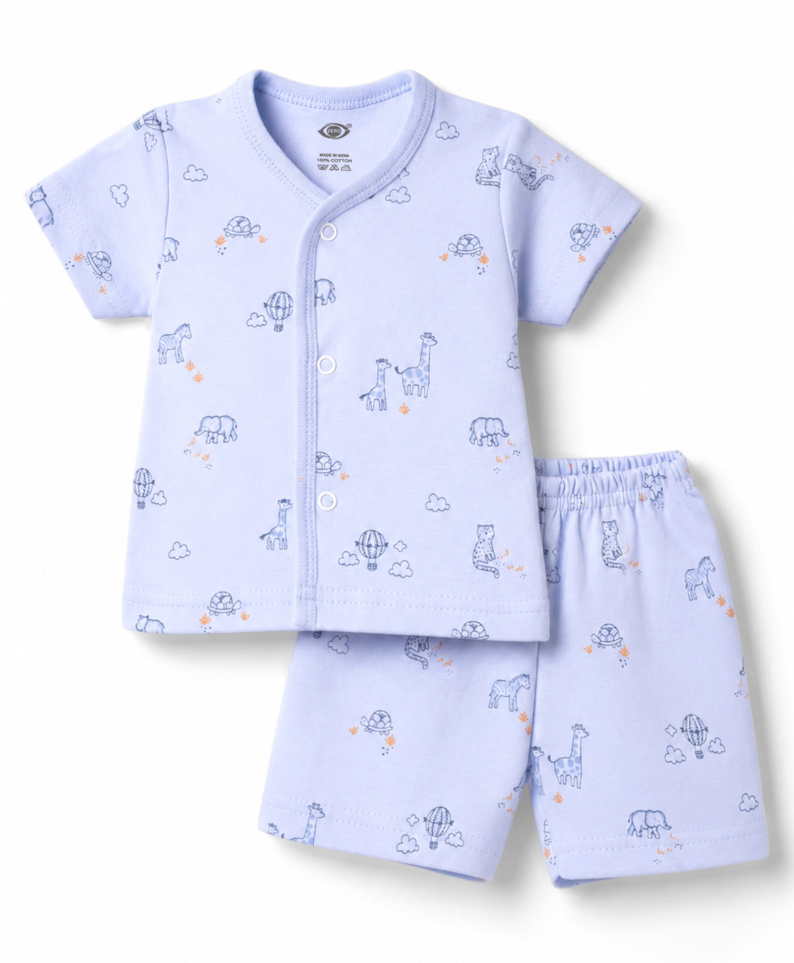 Zero Sinker Knit Half Sleeves Animal Printed Co-Ords T-Shirt & Shorts Night Suit - Light Blue-picture-46