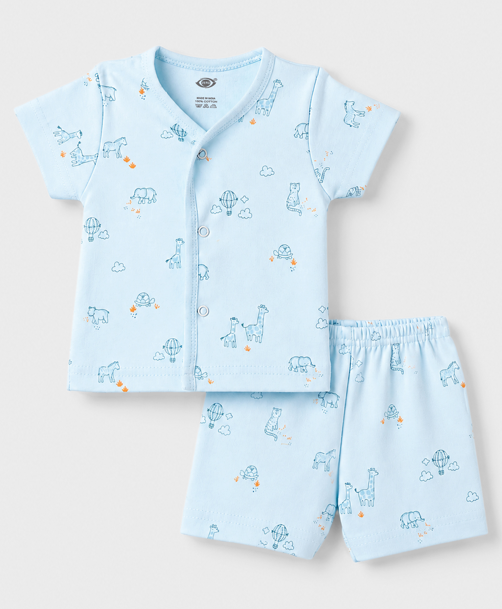 Zero Sinker Knit Half Sleeves Animal Printed Co-Ords T-Shirt & Shorts Night Suit - Aqua Blue-picture-49