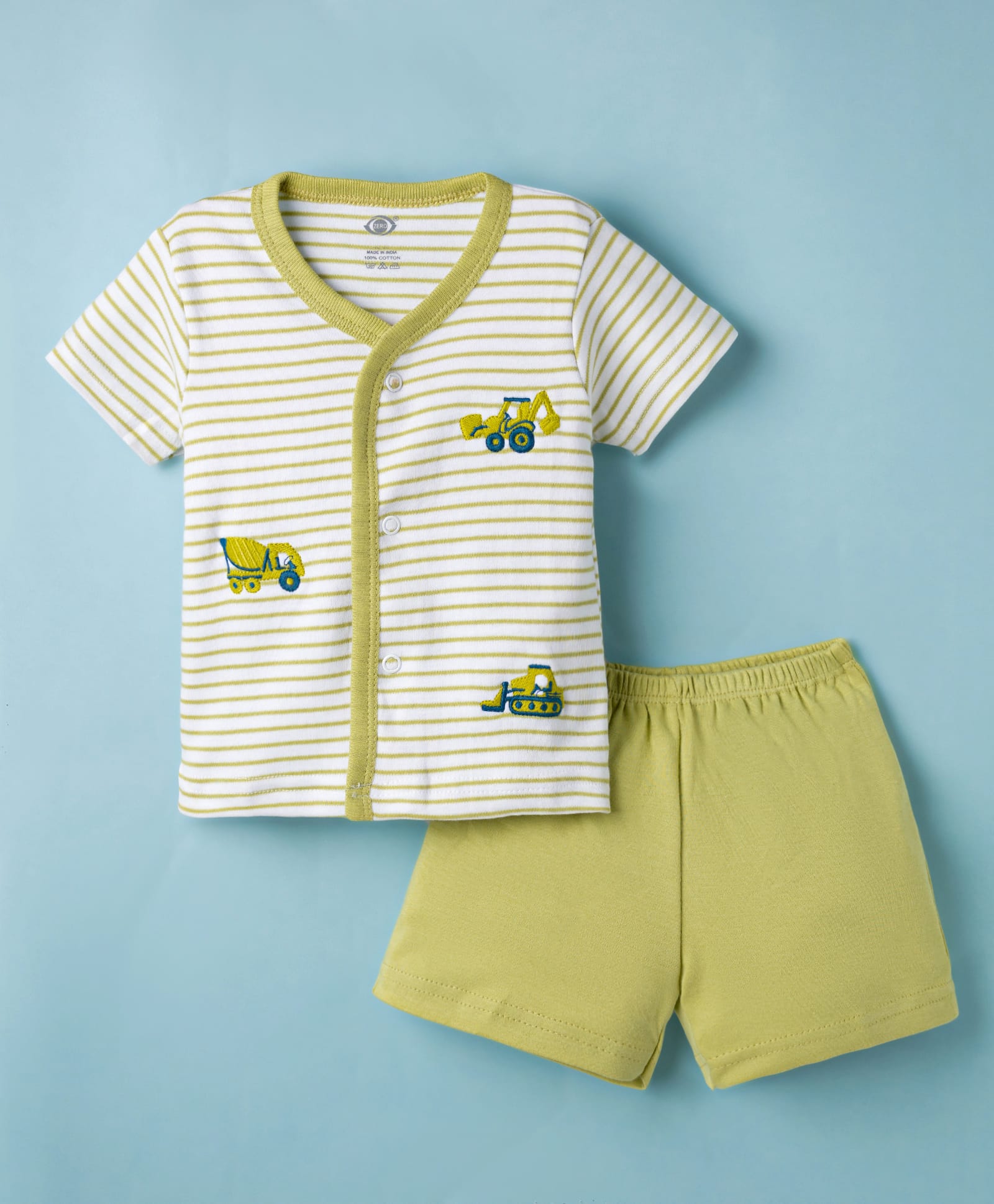 Zero Sinker Knit Half Sleeves Striped & Construction Vehicles Embroidered T-Shirt & Shorts Night Suit - Light Green-picture-25