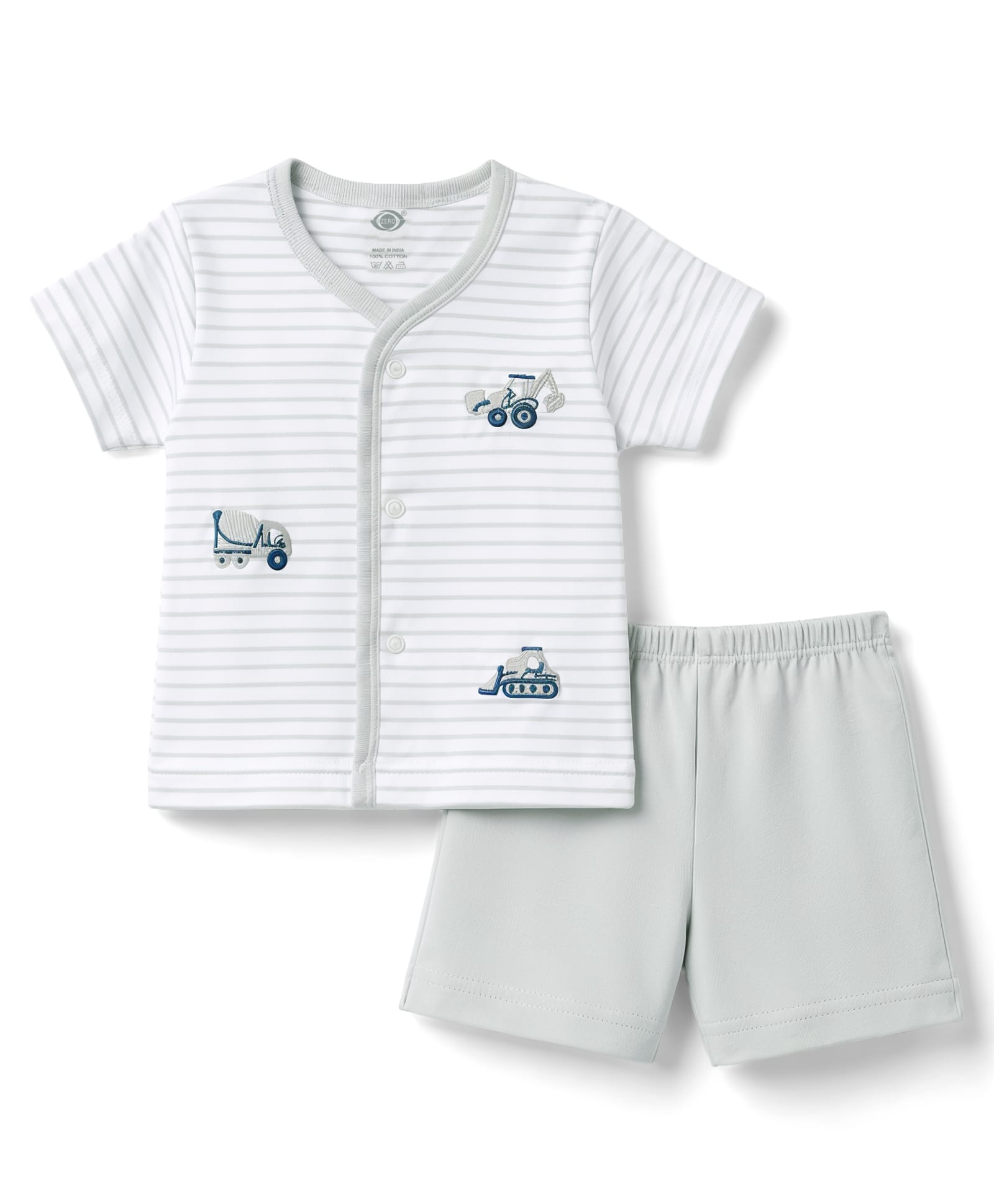 Zero Sinker Knit Half Sleeves Striped & Construction Vehicles Embroidered T-Shirt & Shorts Night Suit - Silver-picture-7