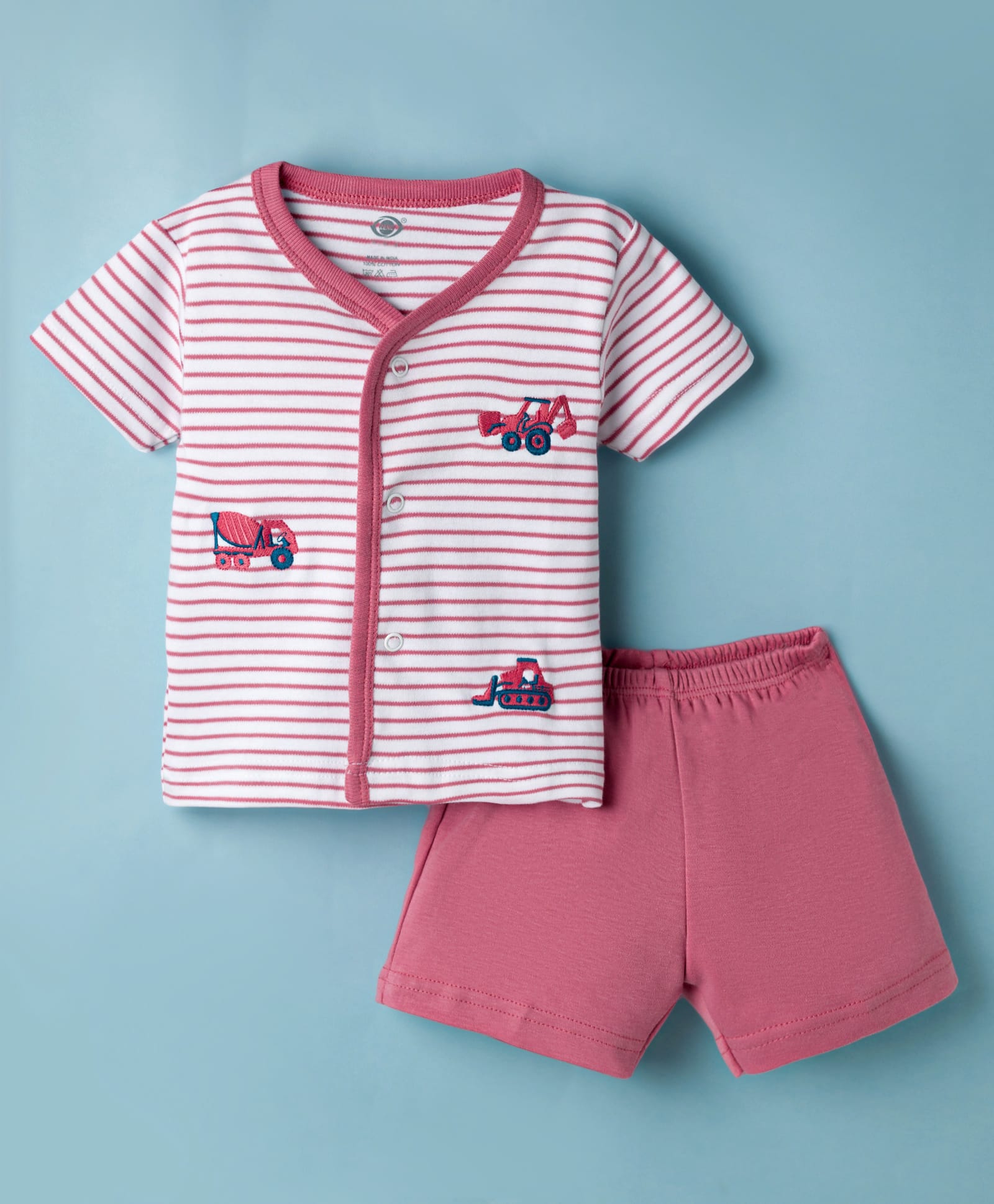 Zero Sinker Knit Half Sleeves Striped & Construction Vehicles Embroidered T-Shirt & Shorts Night Suit - Pink-picture-21