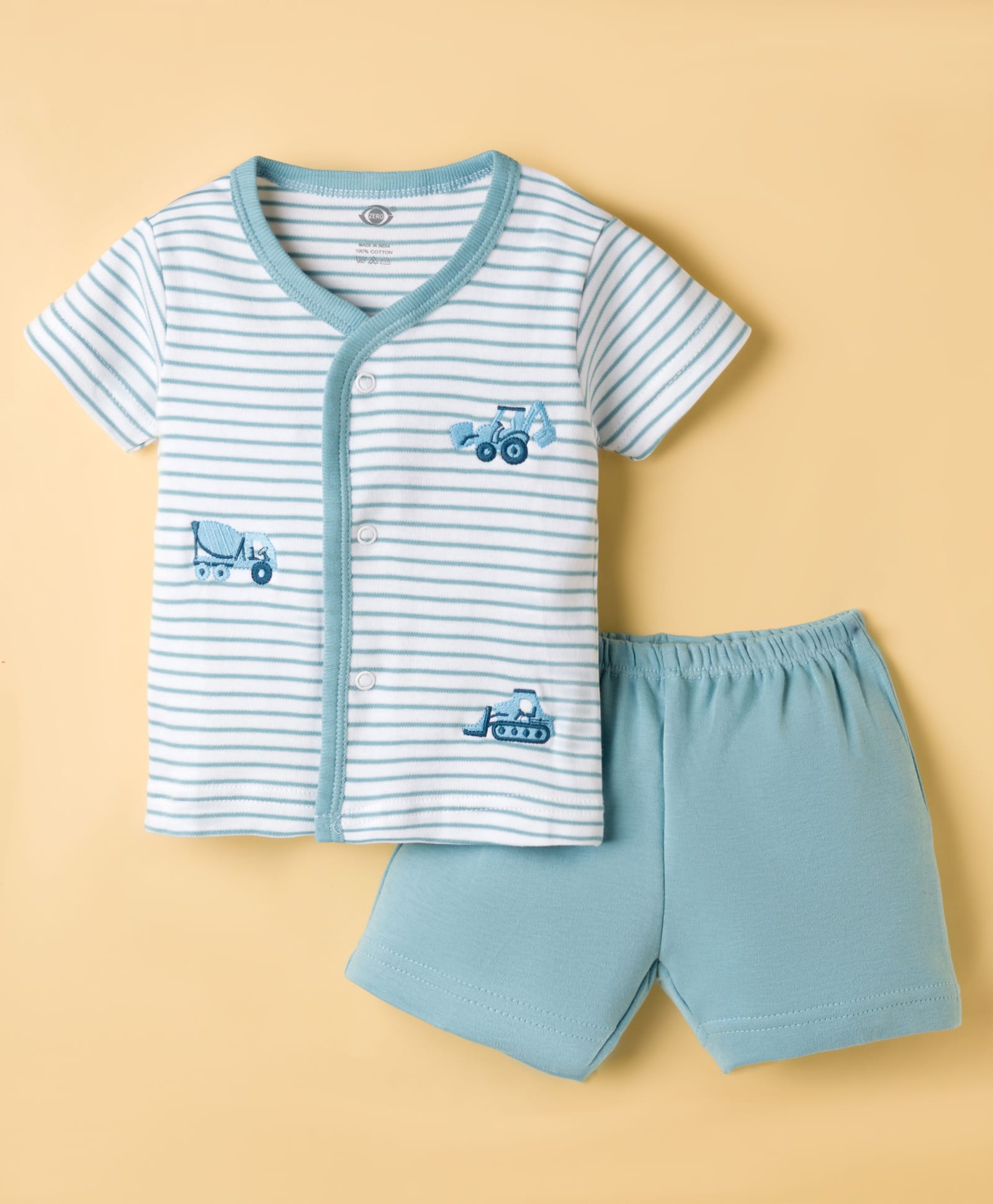 Zero Sinker Knit Half Sleeves Striped & Construction Vehicles Embroidered T-Shirt & Shorts Night Suit - Light Blue-picture-38