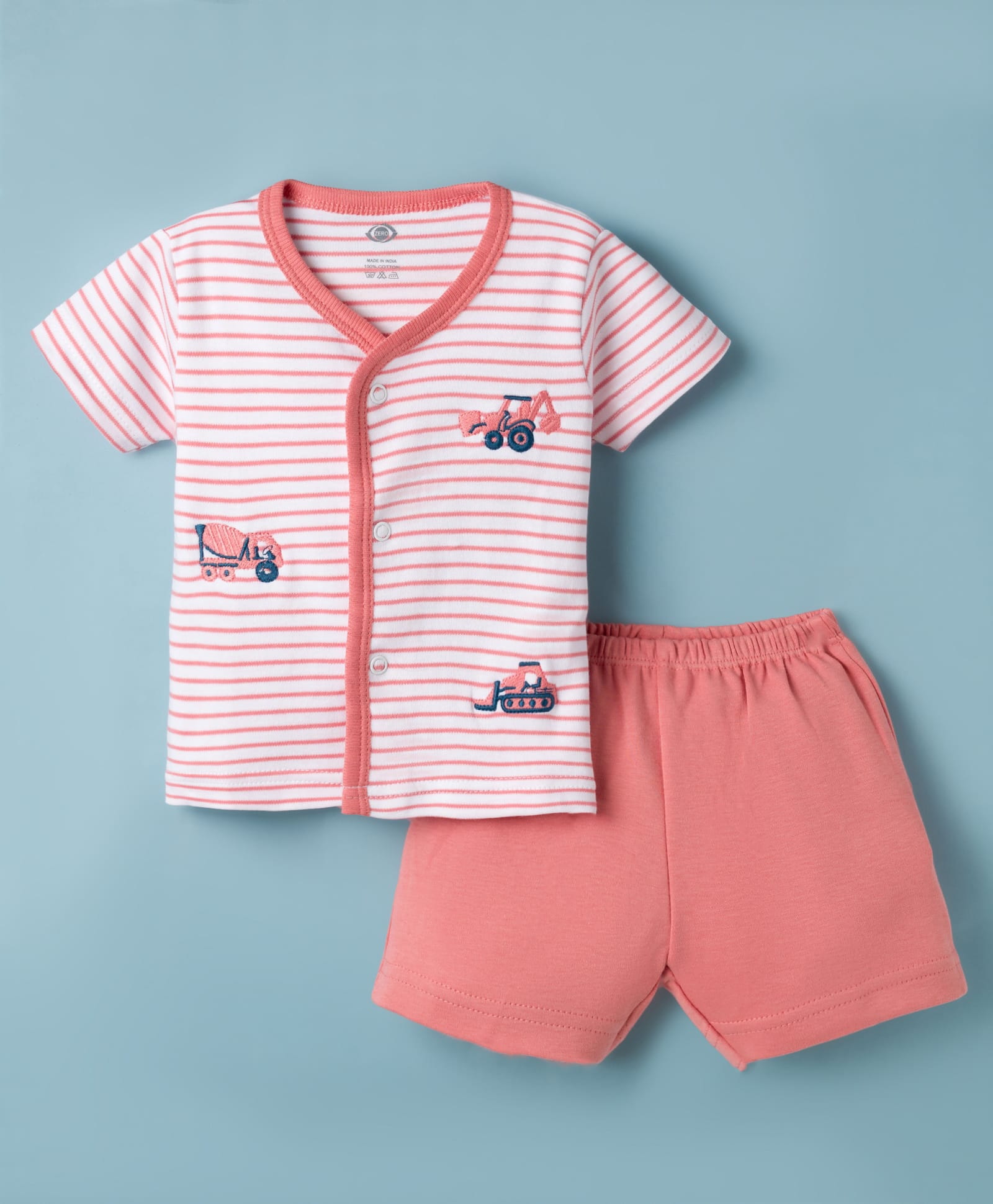 Zero Sinker Knit Half Sleeves Striped & Construction Vehicles Embroidered T-Shirt & Shorts Night Suit - Light Pink-image-8