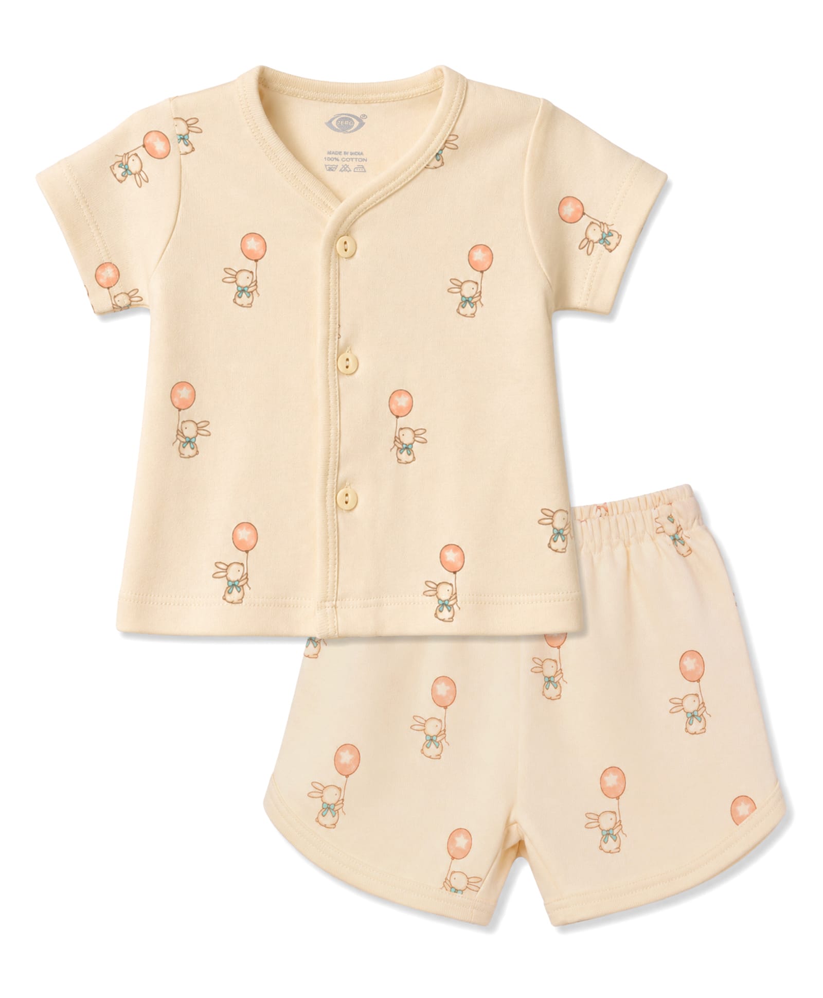 Zero Sinker Knit Half Sleeves T-Shirt & Shorts Co-Ord Set With Teddy Print - Cream-picture-24