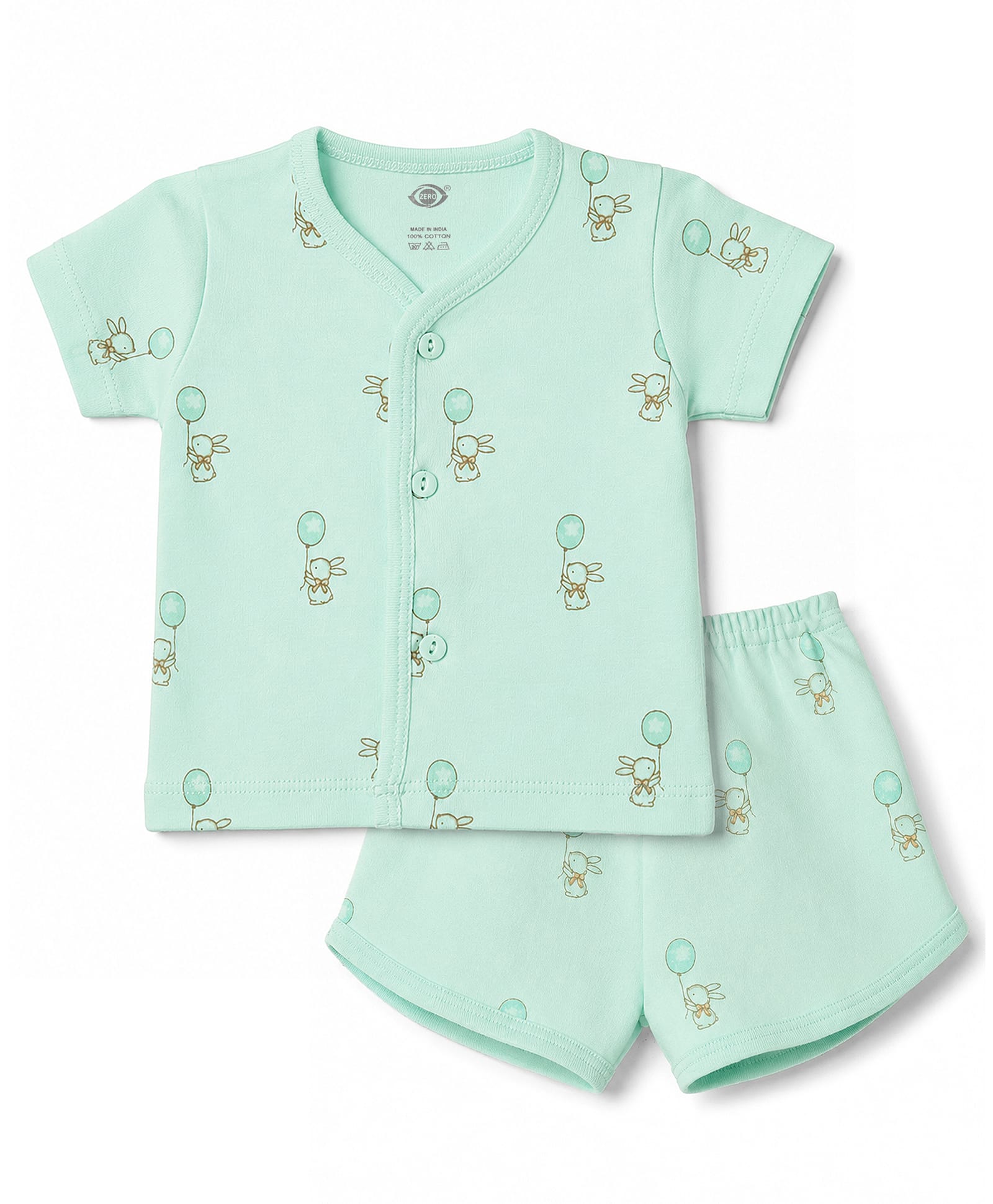 Zero Sinker Knit Half Sleeves T-Shirt & Shorts Co-Ord Set With Teddy Print - Aqua Blue-image-42