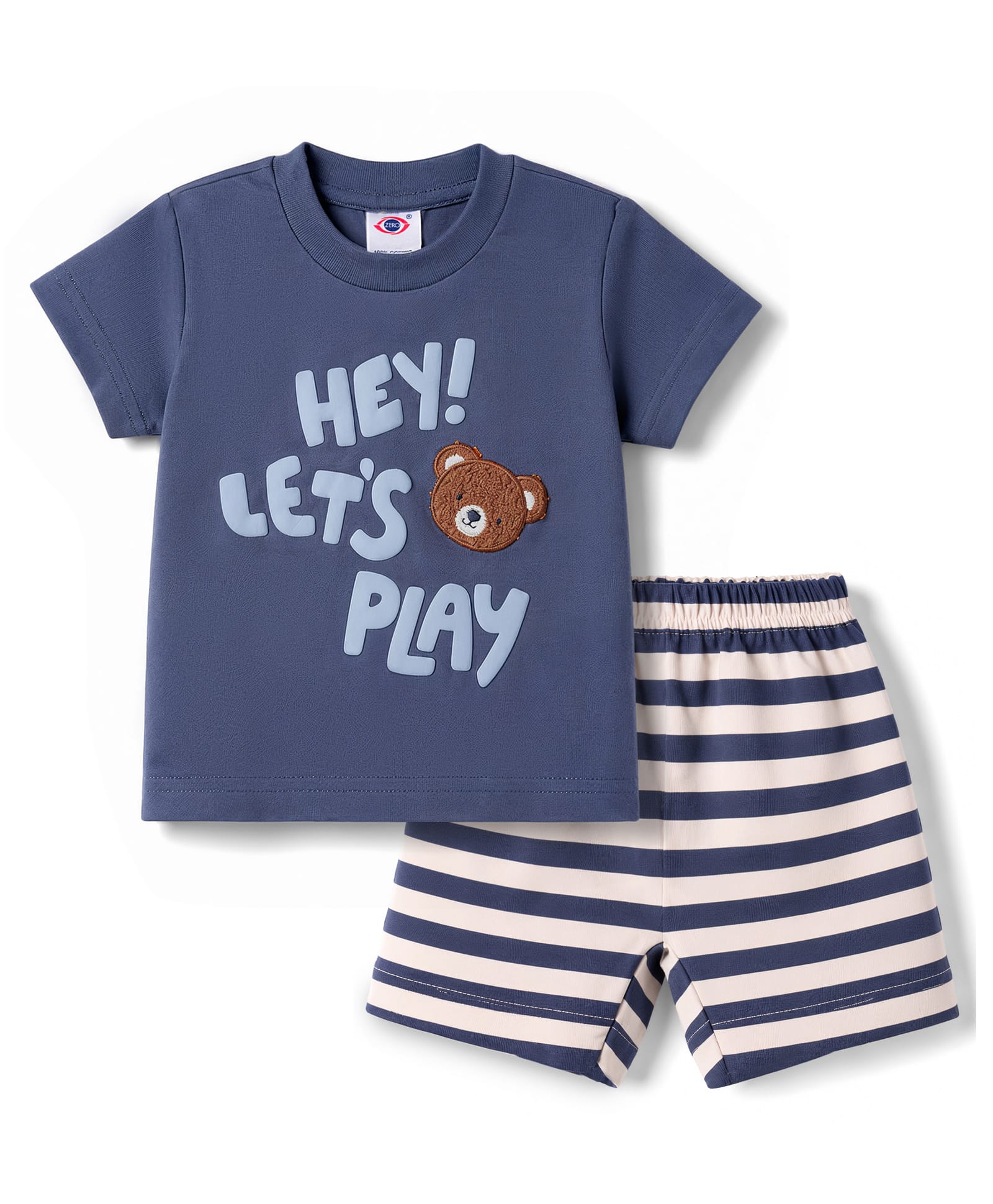 Zero Sinker Knit Half Sleeve Bear Embroidered & Striped T-Shirt & Shorts Set - Navy Blue-picture-19