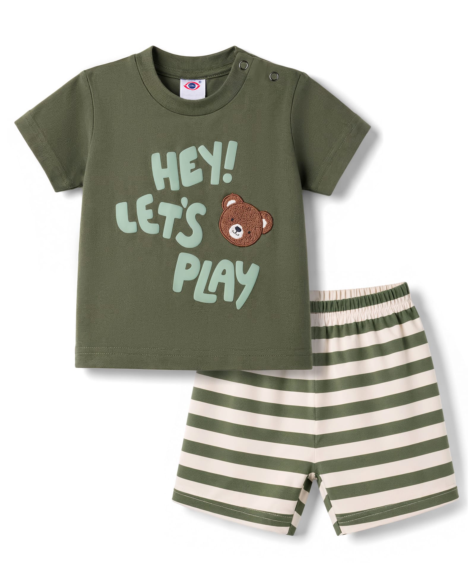 Zero Sinker Knit Half Sleeve Bear Embroidered & Striped T-Shirt & Shorts Set - Olive Green-picture-21