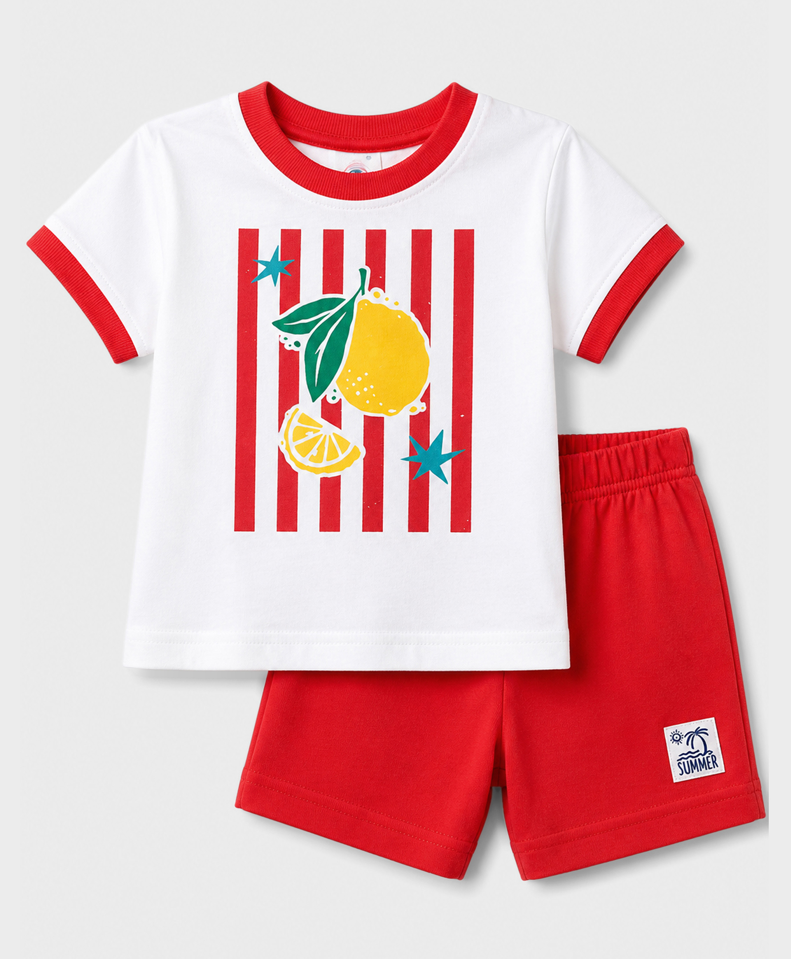 Zero Sinker Knit Half Sleeves Striped & Tropical Theme Printed T-Shirt & Shorts Set - White & Red-picture-1