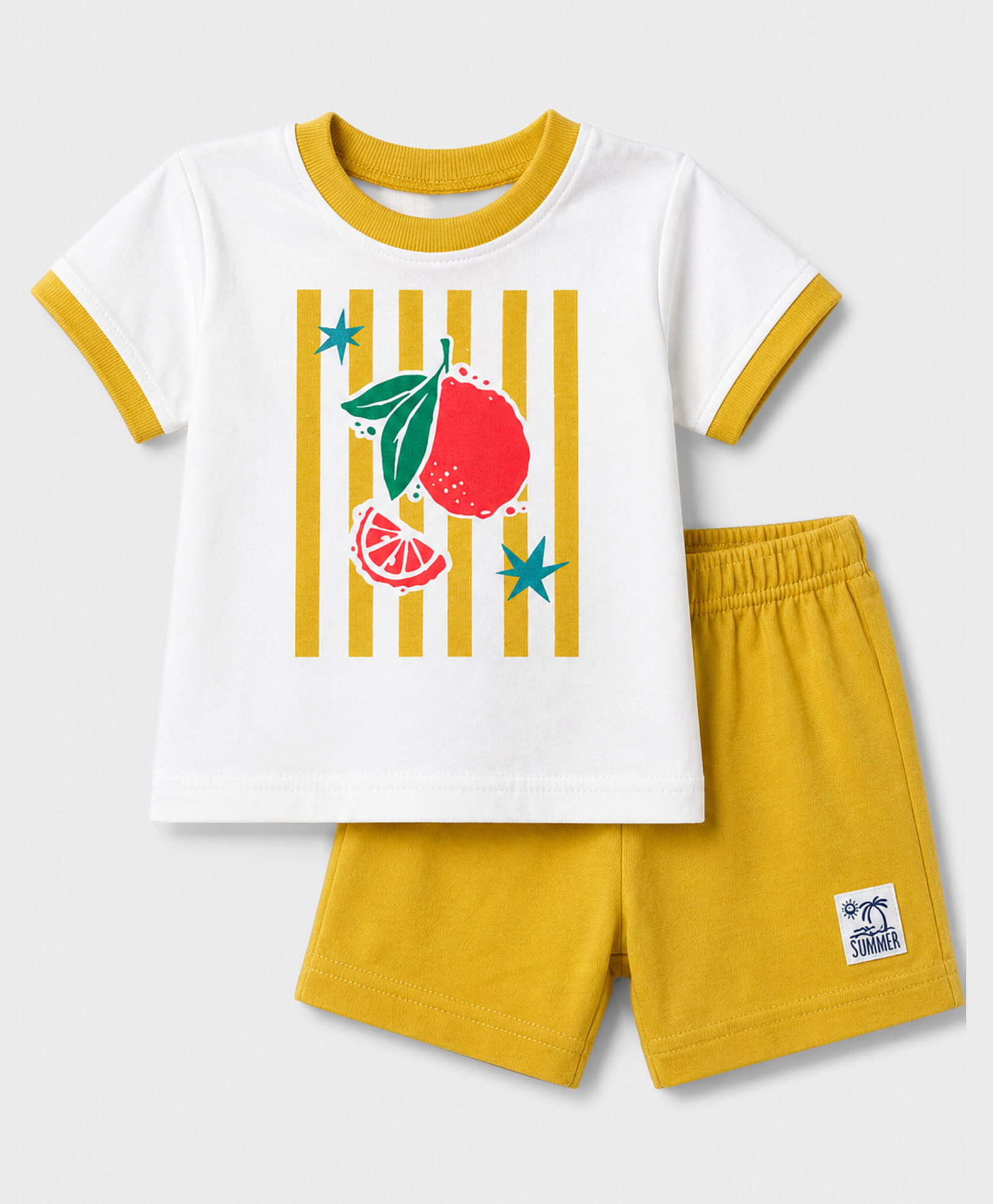 Zero Sinker Knit Half Sleeves Striped & Tropical Theme Printed T-Shirt & Shorts Set - White & Golden-picture-8