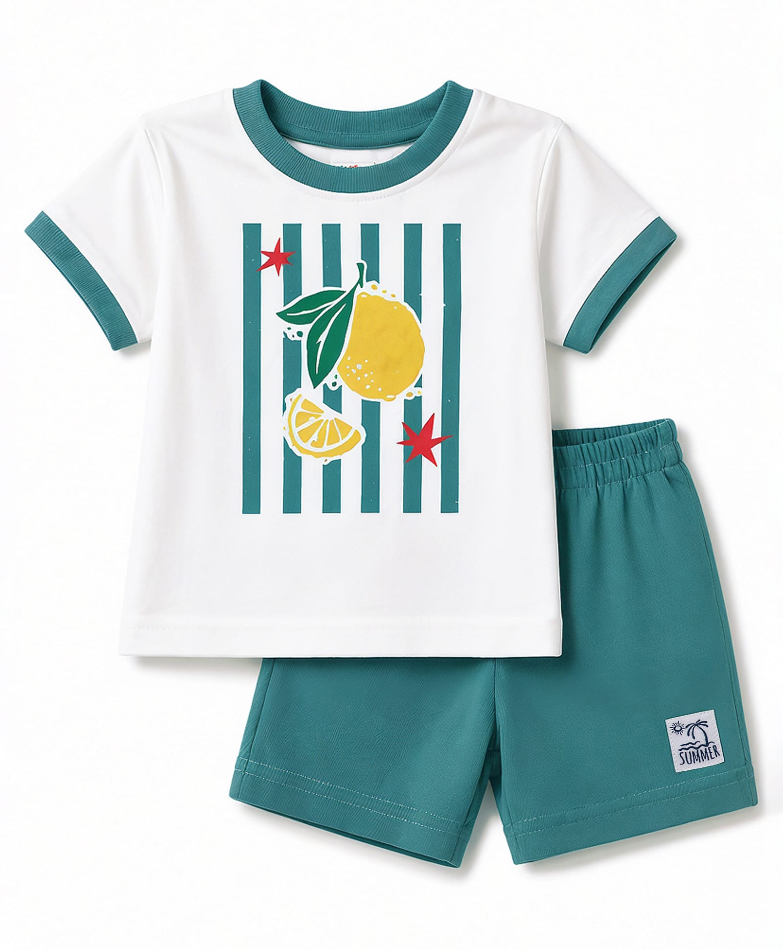 Zero Sinker Knit Half Sleeves Striped & Tropical Theme Printed T-Shirt & Shorts Set - White & Turquoise-image-32