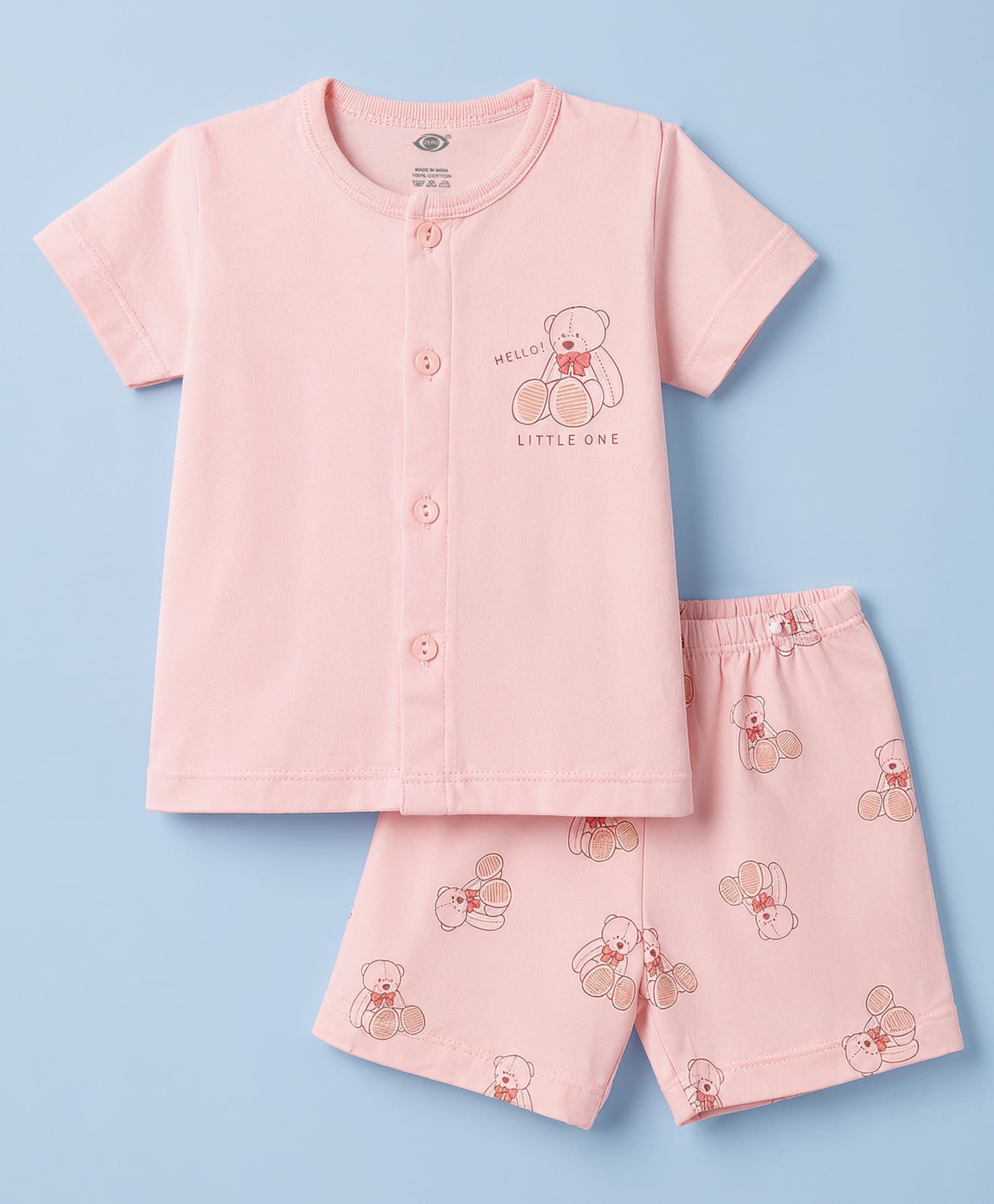 Zero Sinker Knit Half Sleeves T-Shirt & Shorts Night Suit With Bear Print - Pink-picture-26