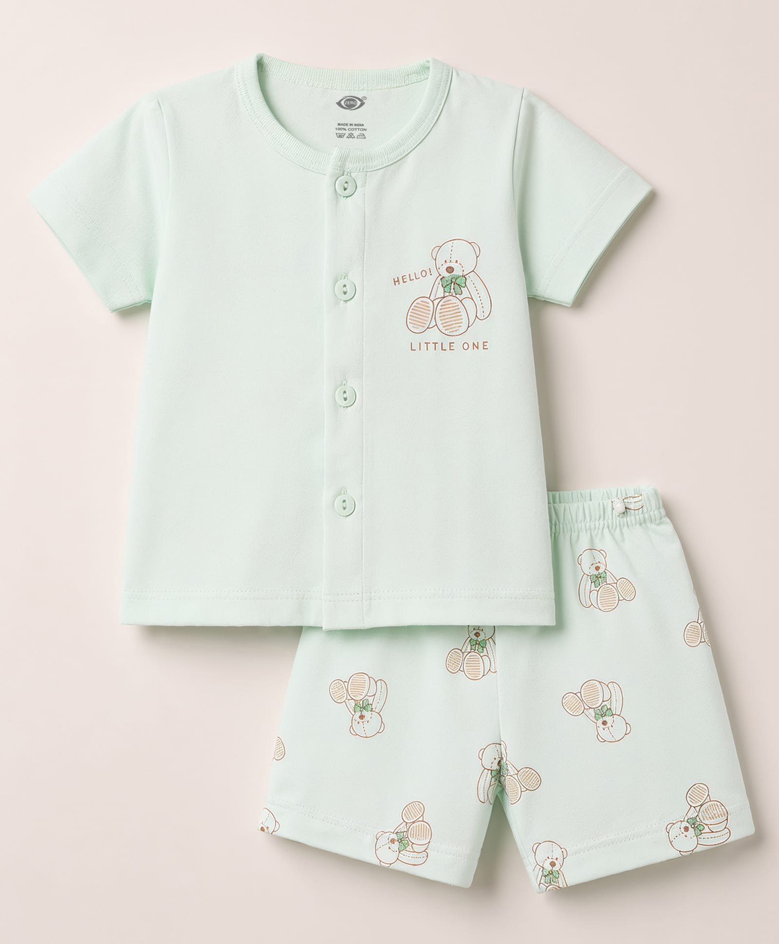 Zero Sinker Knit Half Sleeves T-Shirt & Shorts Night Suit With Bear Print - Sea Green-picture-21