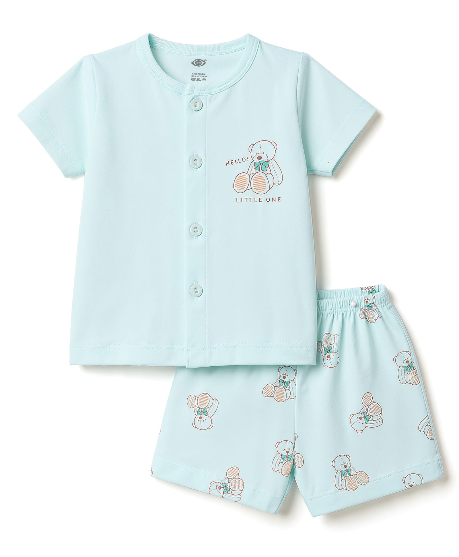 Zero Sinker Knit Half Sleeves T-Shirt & Shorts Night Suit With Bear Print - Sky Blue-picture-39
