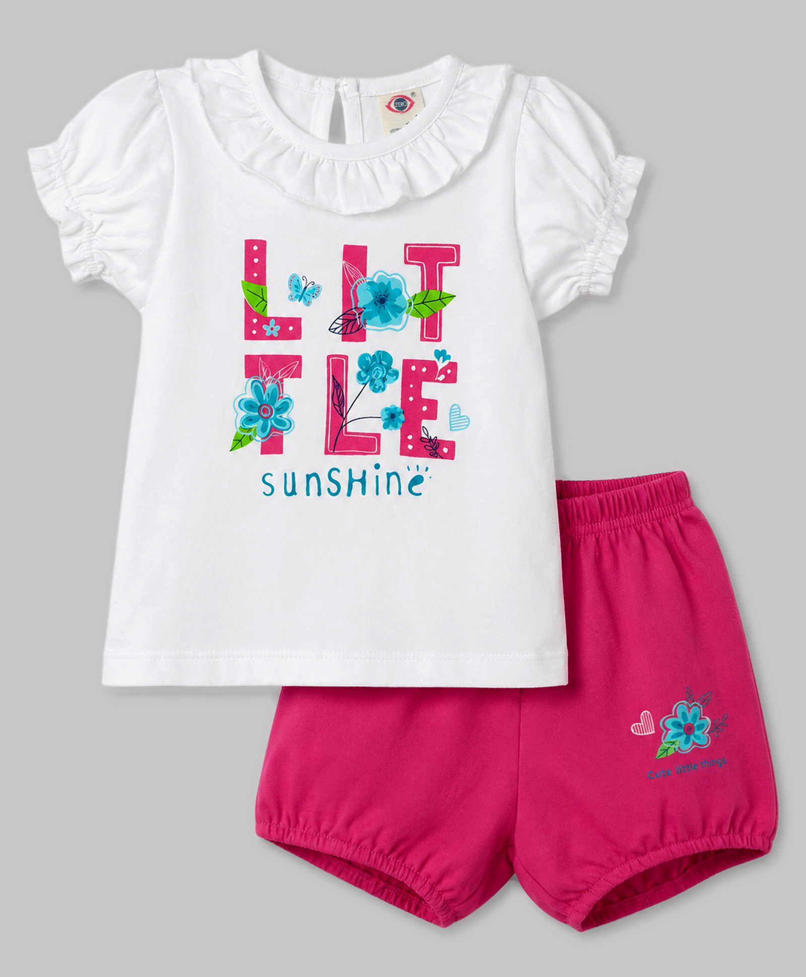 Zero Sinker Knit Half Sleeves Floral & Text Printed T-Shirt & Shorts Set - White & Dark Pink-picture-39