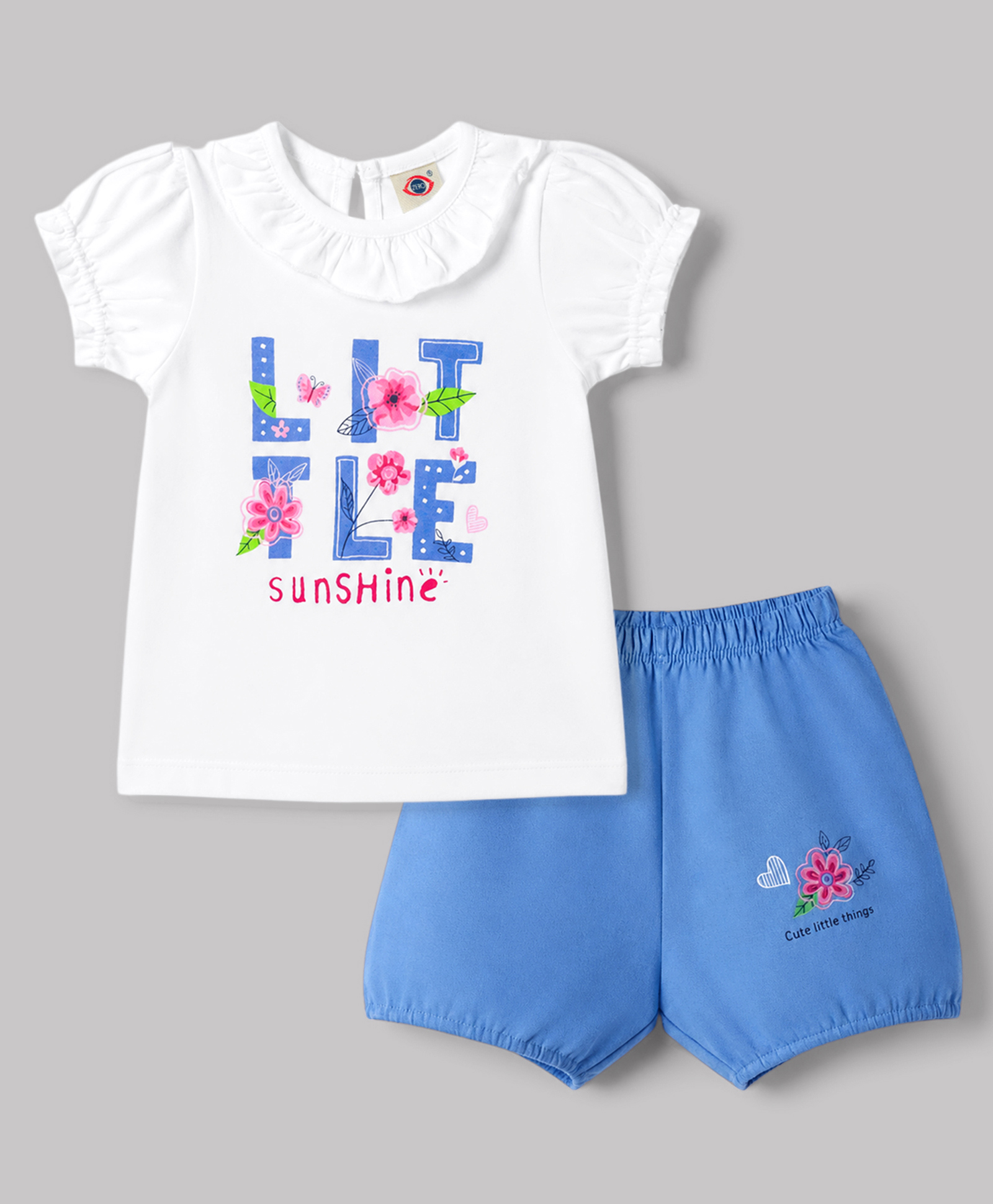 Zero Sinker Knit Half Sleeves Floral & Text Printed T-Shirt & Shorts Set - White & Blue-picture-49