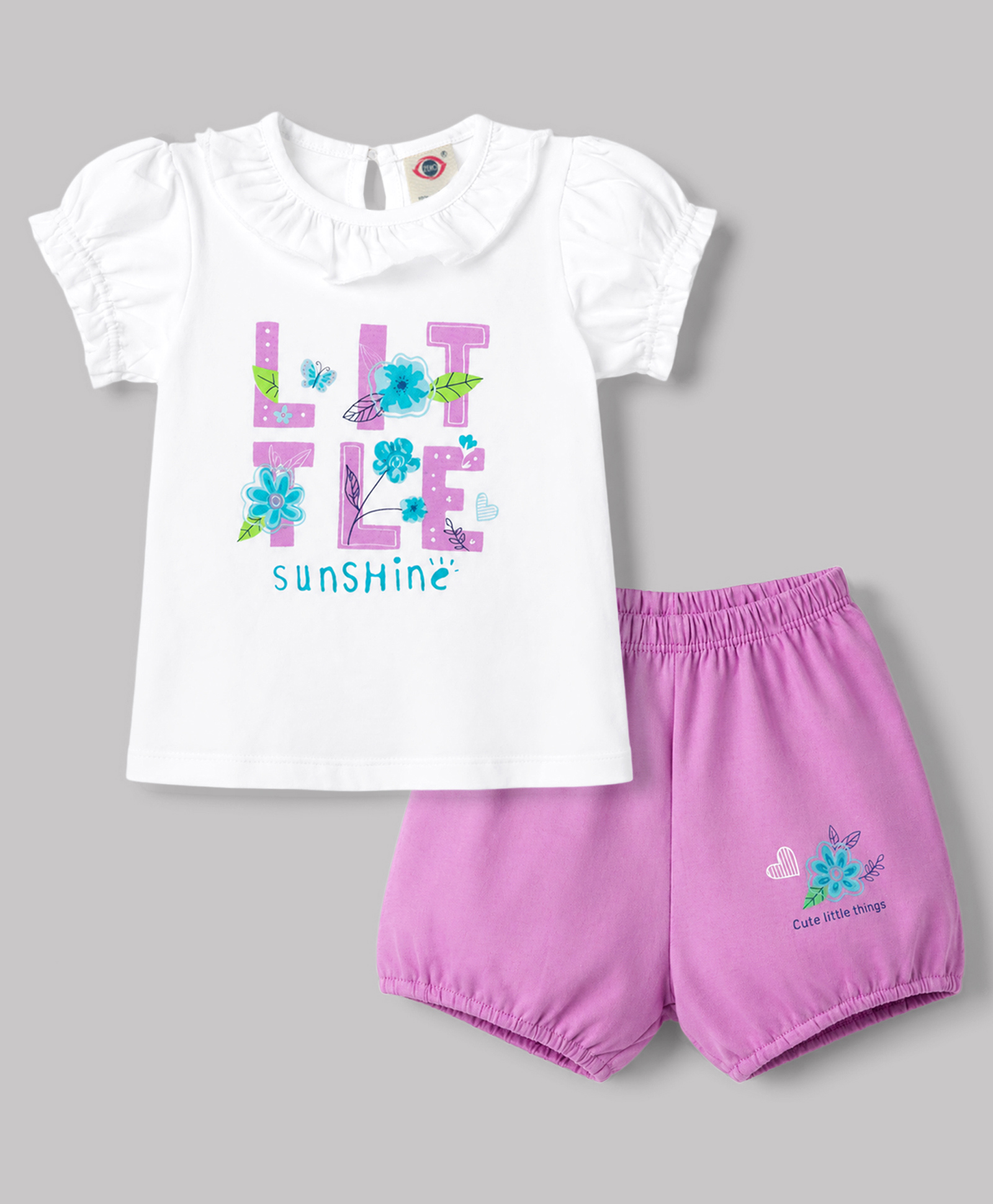 Zero Sinker Knit Half Sleeves Floral & Text Printed T-Shirt & Shorts Set - White & Violet-picture-17