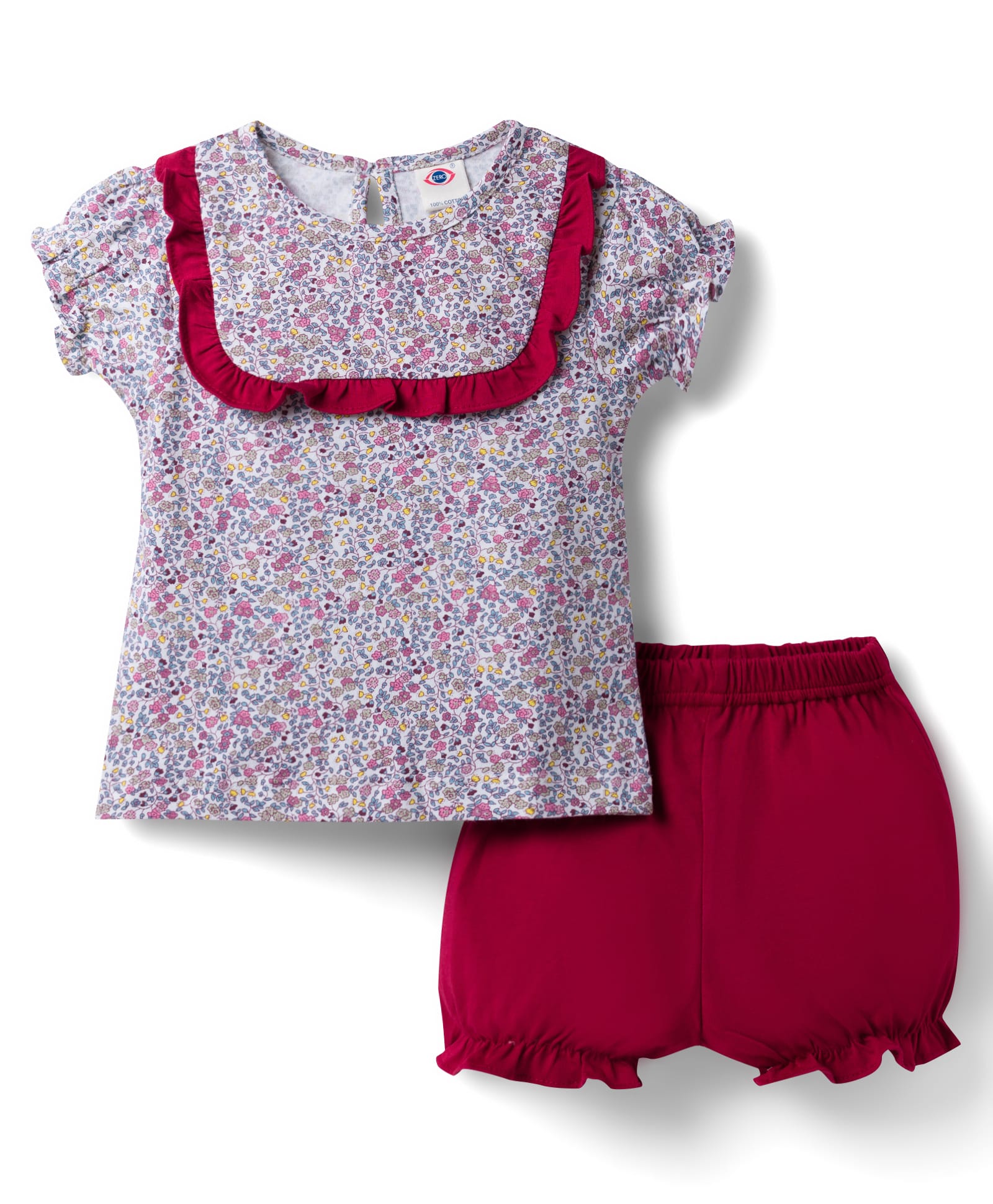 Zero Sinker Knit Half Sleeves Floral Printed T-Shirt & Shorts Set - Wine & Multicolor-image-29