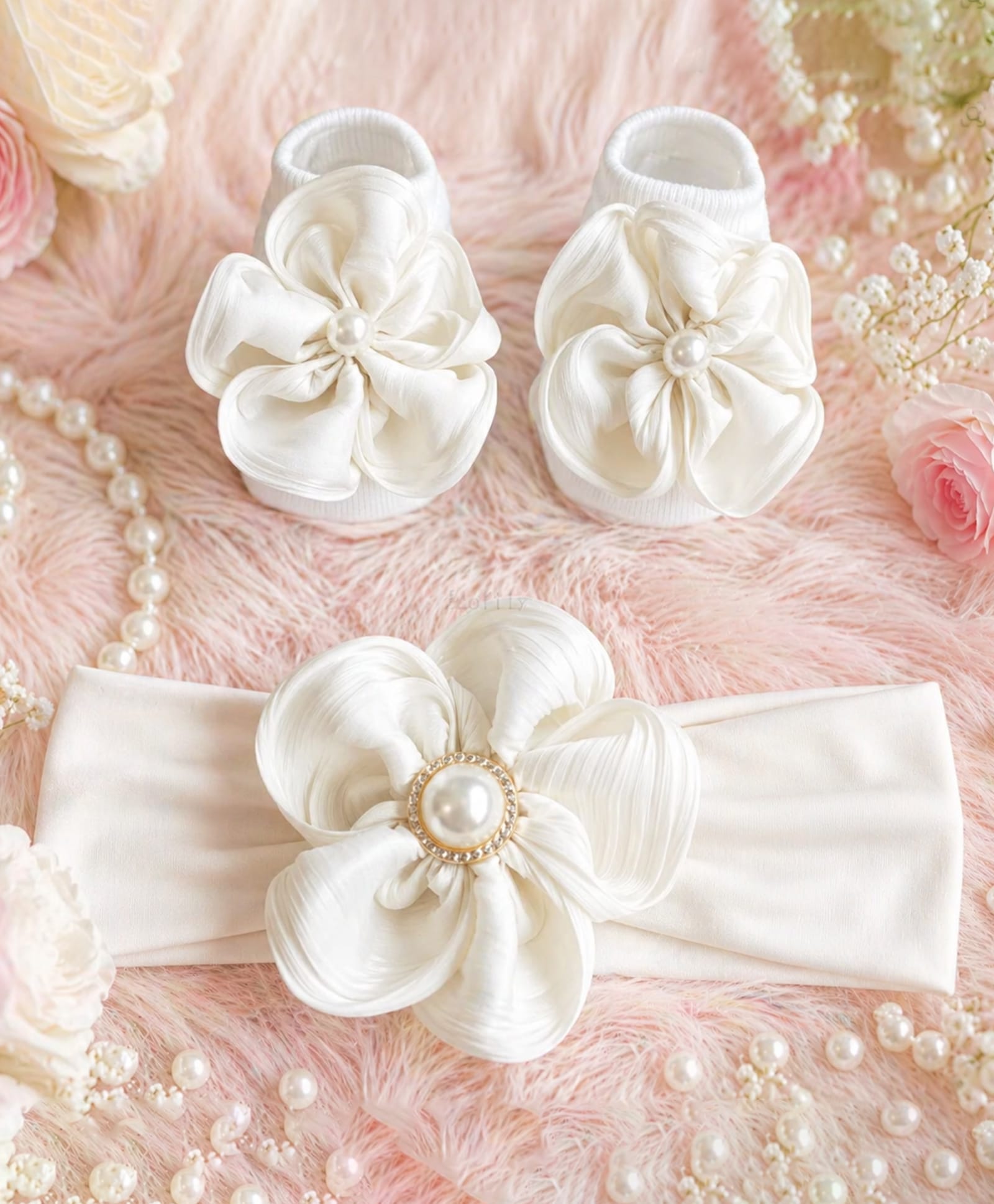 Flaunt Chic Pearl Embellished Floral Applique Detailed Socks With Headband - Beige-image-5
