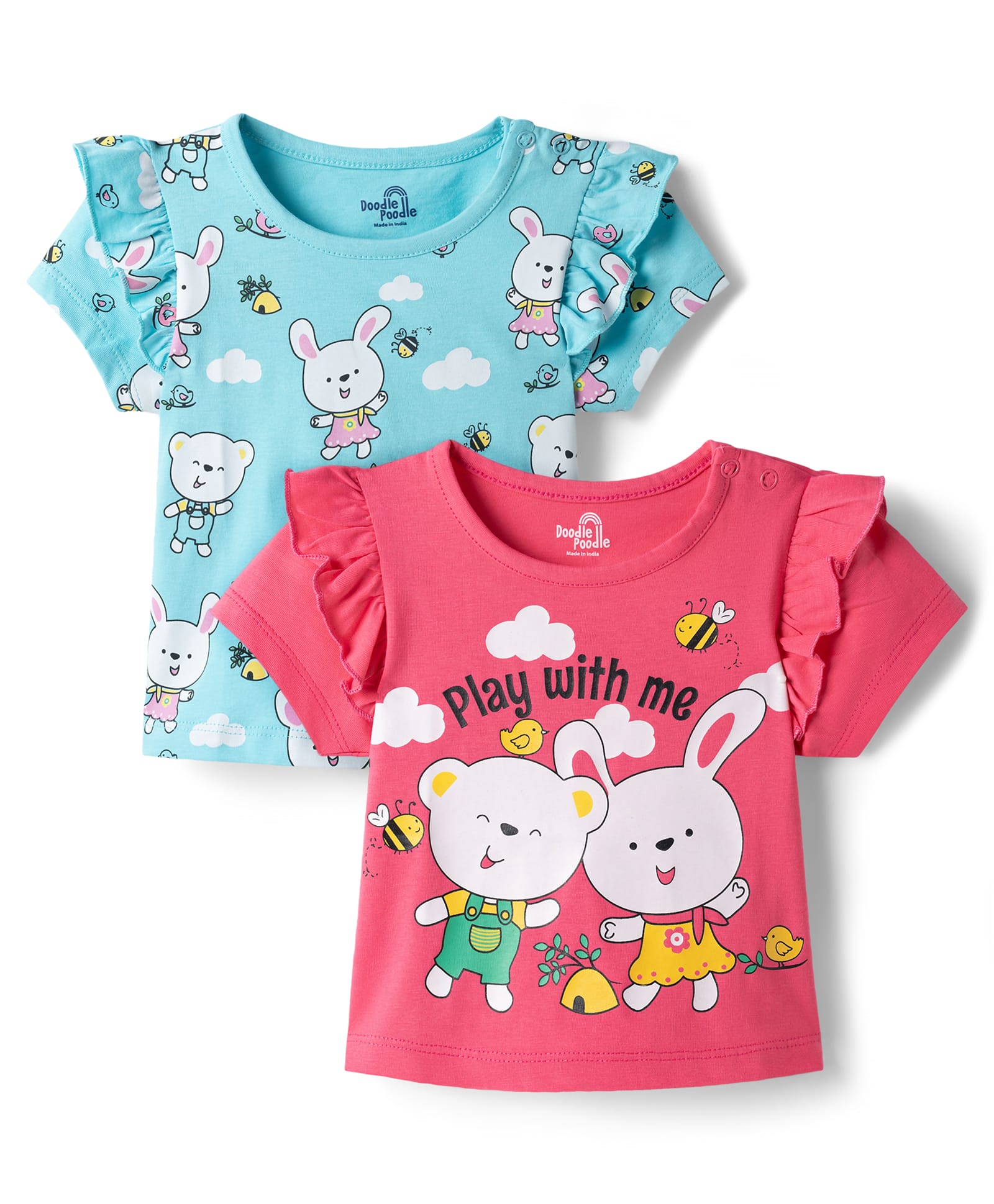 Doodle Poodle Cotton Knit Printed Half Sleeves Regular Tops Blue New Born Pack of 2-image-42