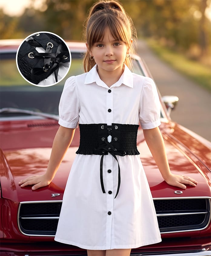 Hola Bonita Cotton Woven Frocks and Dresses Half Sleeves Knee Length Solid White 12-14 Years-image-43