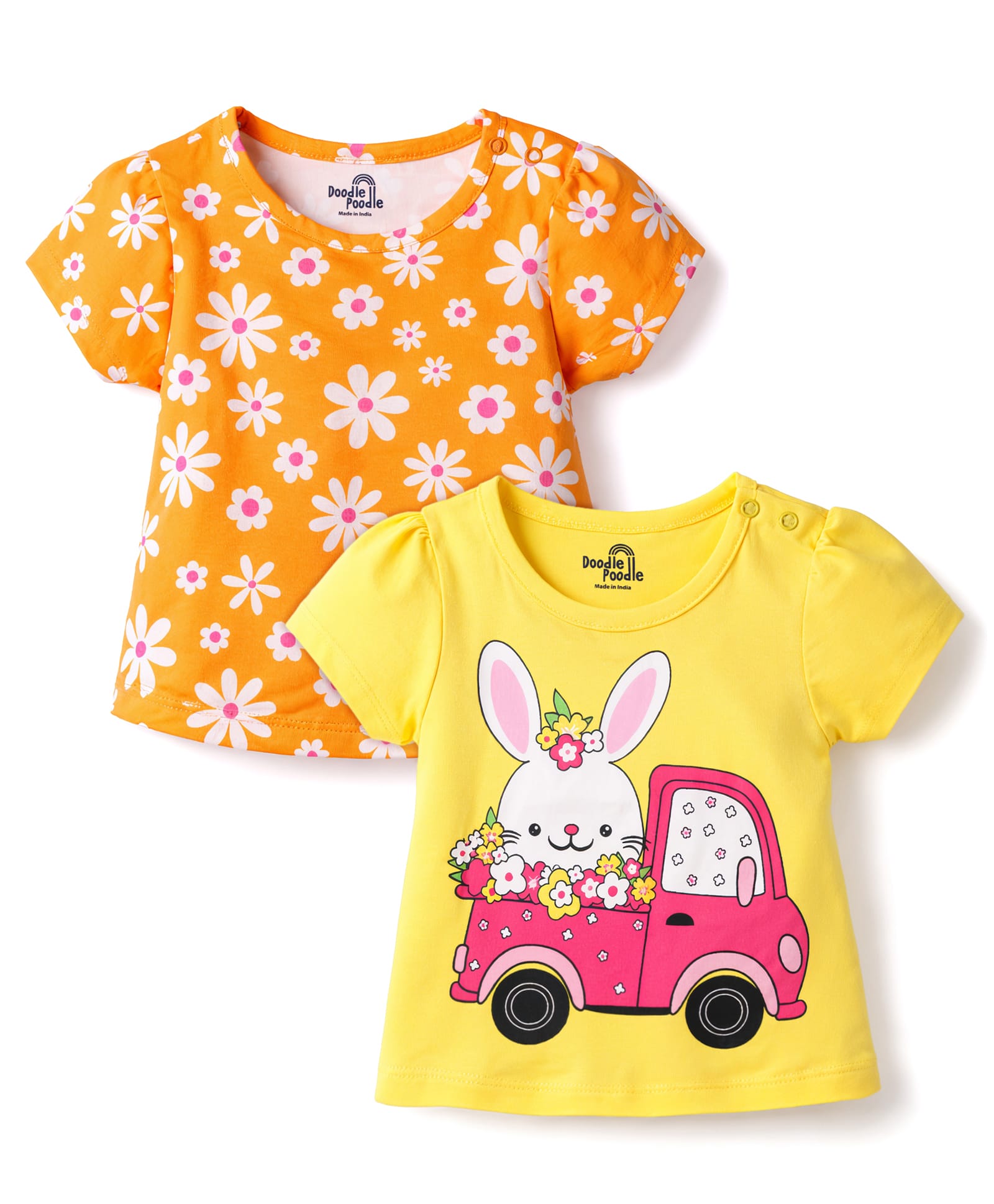 Doodle Poodle Single Jersey Knit Half Sleeves Tops With Floral & Bunny Print Pack of 2 - Yellow & Orange-picture-16