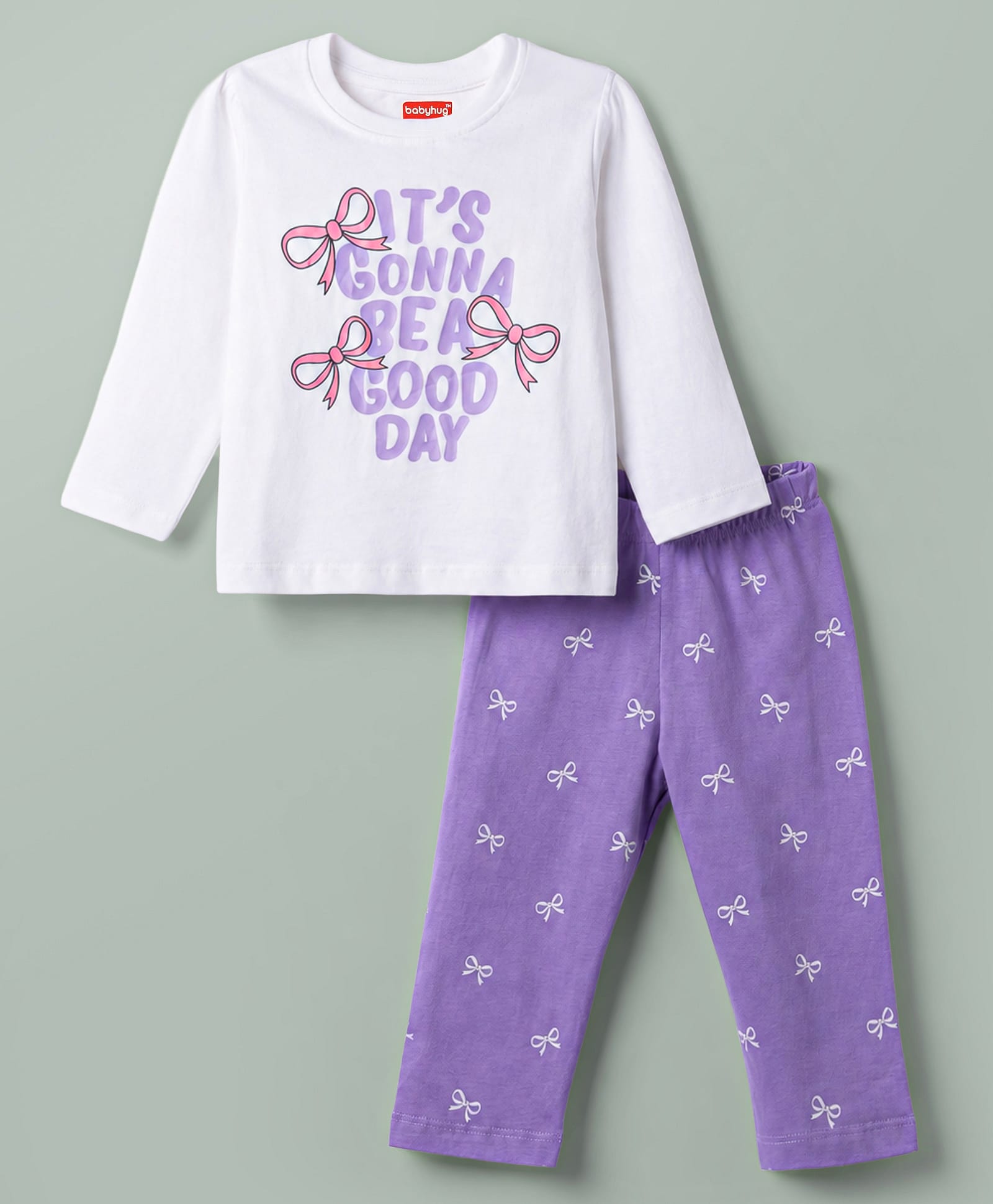 Babyhug Cotton Knit Full Sleeves Bow Text Printed T-Shirt & Pyjama Night Suit - White-image-8