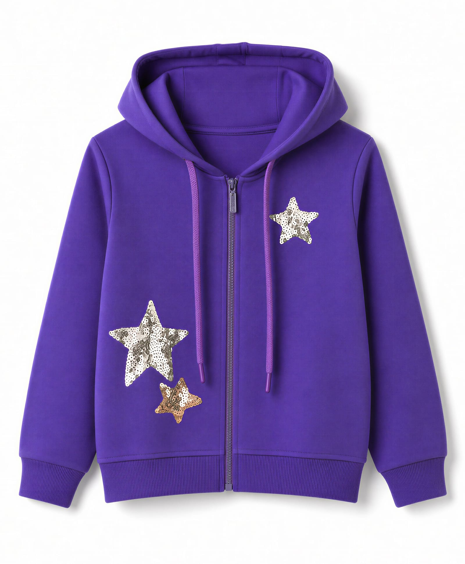 Pine Kids 100% Cotton Knit Full Sleeves Star Sequinned Hooded Sweatjacket - Purple-image-2