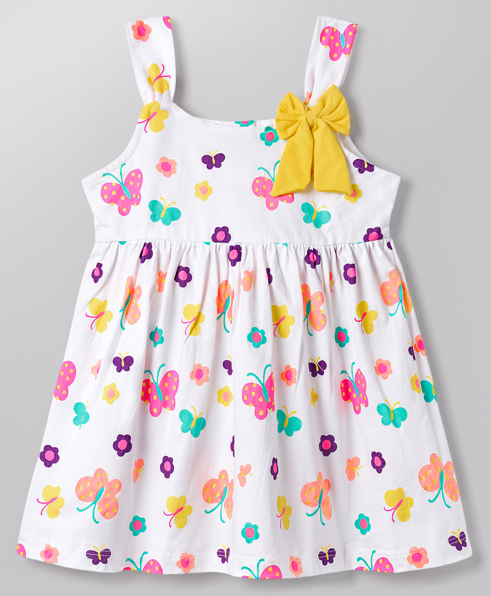 Babyhug Cotton Knit Sleeveless Floral & Butterfly Printed Frock With Bow Applique - White-picture-11