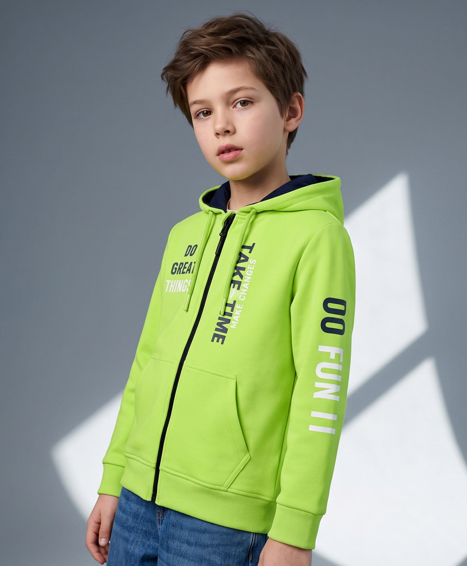 Pine Kids 100% Cotton Knit Full Sleeves Text Printed Hooded Sweatjacket With Kangaroo Pockets - Lime Green-picture-13
