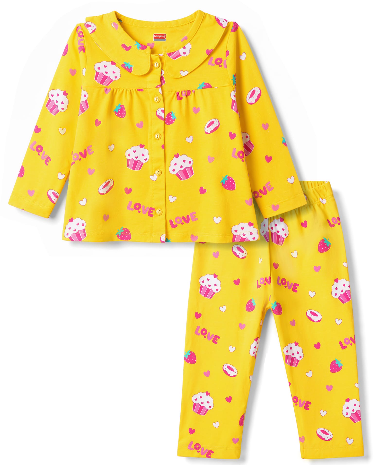 Babyhug Cotton Knit Full Sleeves Top & Pyjama Night Suit With Ice-cream & Strawberry Print - Yellow-image-7