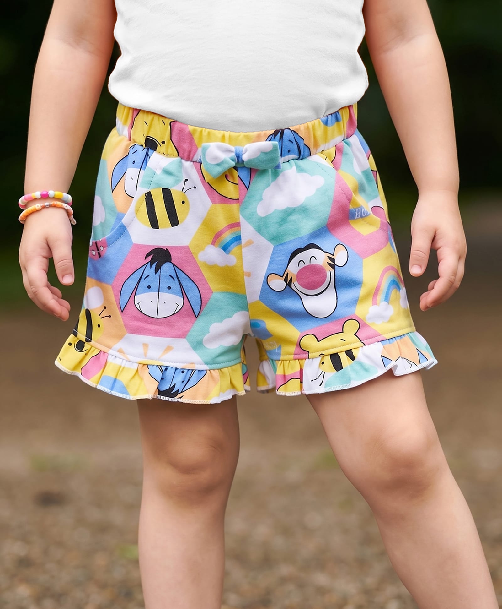 Babyhug Disney 100% Cotton Knit Knee Length Shorts With Winnie The Pooh Graphic & Bow Applique - Multicolor-picture-15