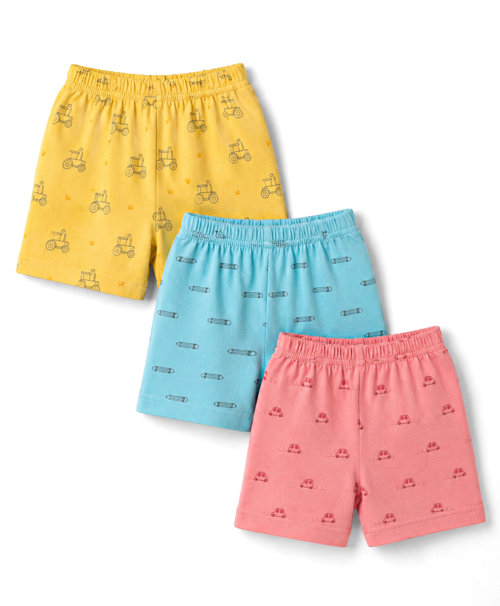 Zero Sinker Knit Above Knee Length Vehicles Printed Shorts Pack Of 3 - Peach Lime Green & Light Blue-picture-35