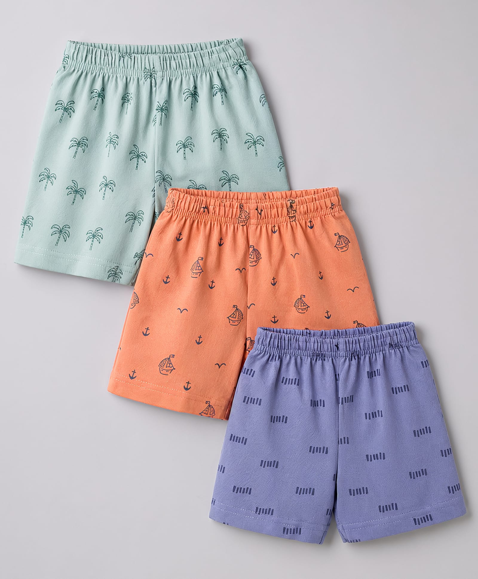 Zero Sinker Knit Above Knee Length Beach & Nautical Theme Printed Shorts Pack Of 3 - Turquoise Rust Orange & Blue-picture-38