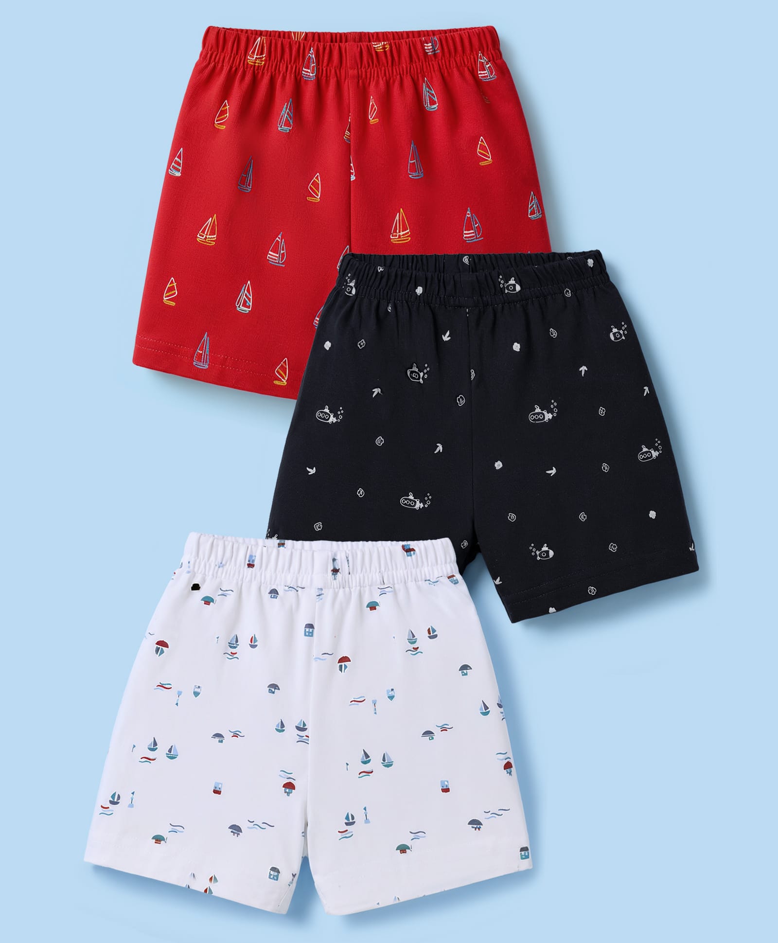 Zero Sinker Knit Above Knee Length Nautical Theme Printed Shorts Pack Of 3 - Multicolor-image-16