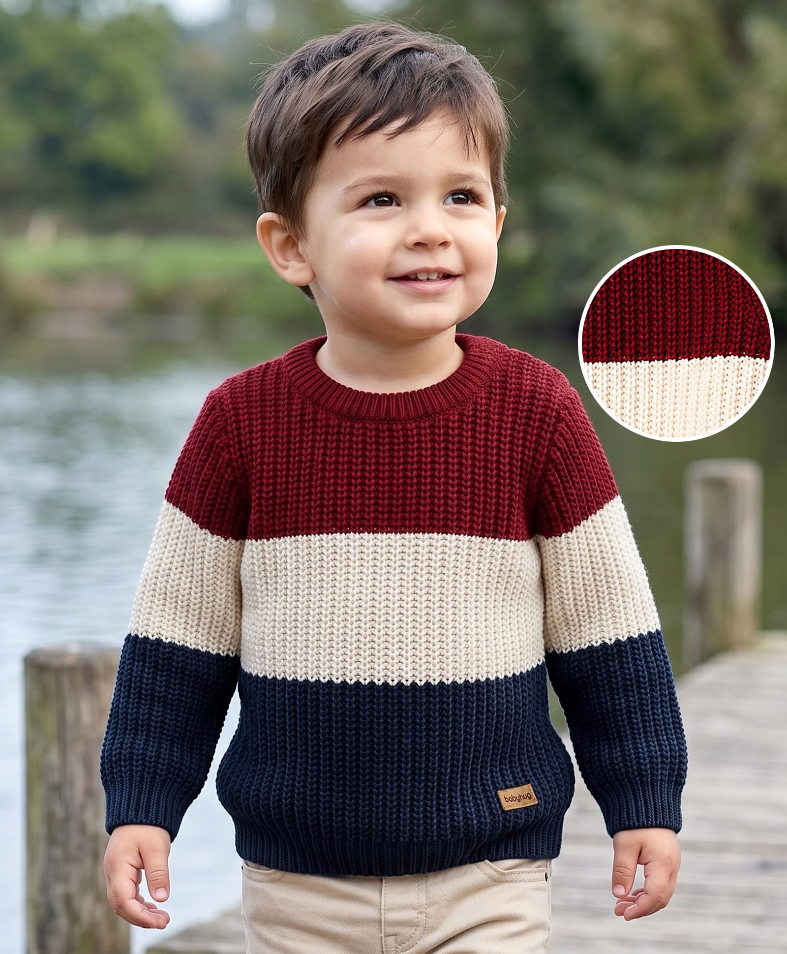 Babyhug Knit Full Sleeves Colour Block Pullover - Maroon Navy & White-picture-14