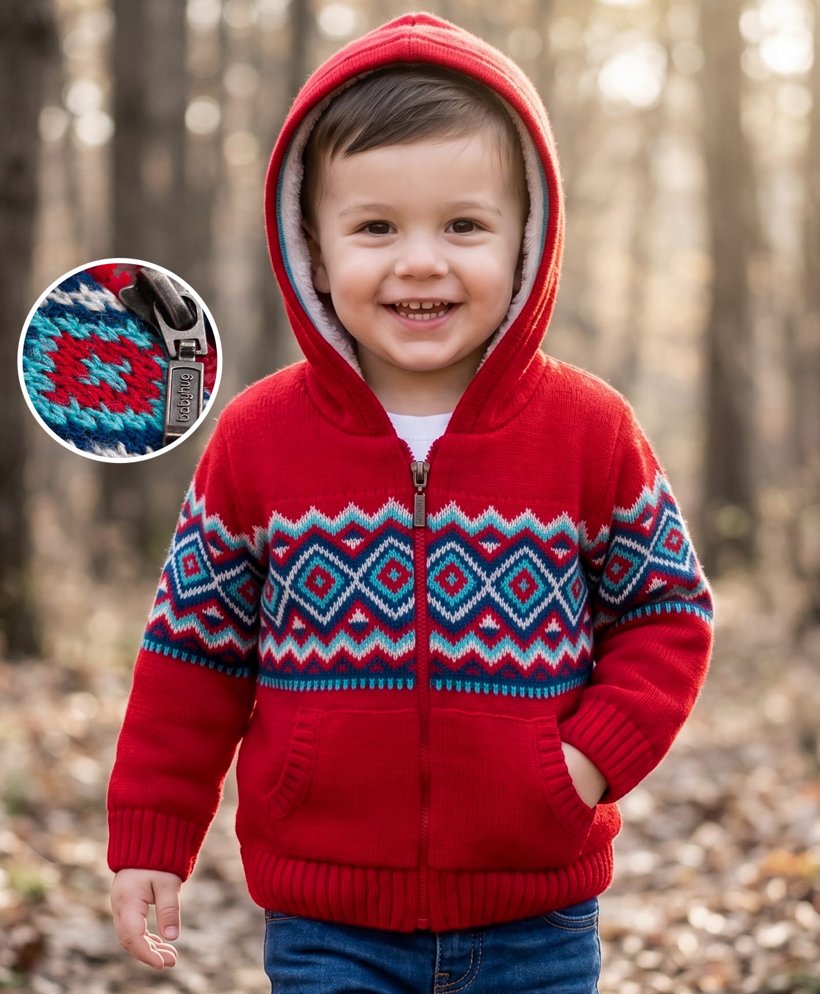Babyhug Knit Full Sleeves Front Open Hooded Sweater with Argyle Design -Red-picture-25