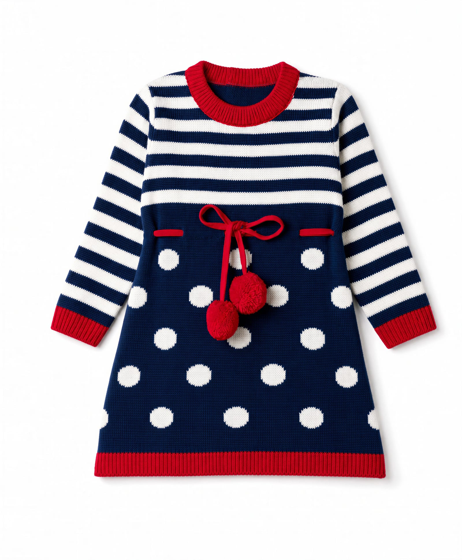 Babyhug Knit Full Sleeves Stripe Woollen Dress With Polka Dot Design - Navy Blue-image-16