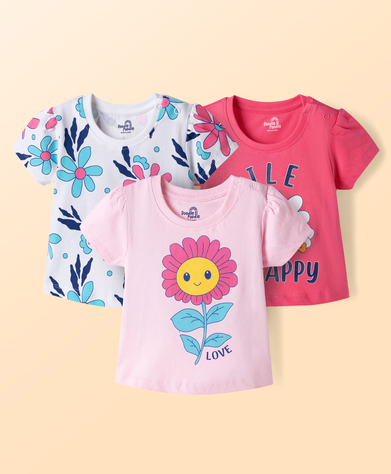 Doodle Poodle Cotton Knit T-Shirts Printed Half Sleeves Round Neck Pink 0-0 Months Pack of 3-image-3