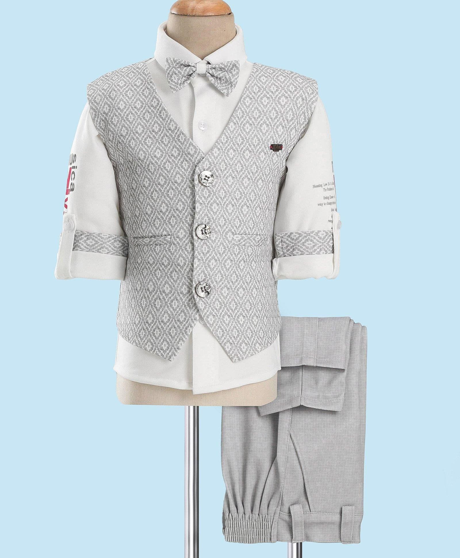 Rikidoos Cotton Woven Full Sleeves 3 Piece Party Suit With Bow - White & Grey-picture-22