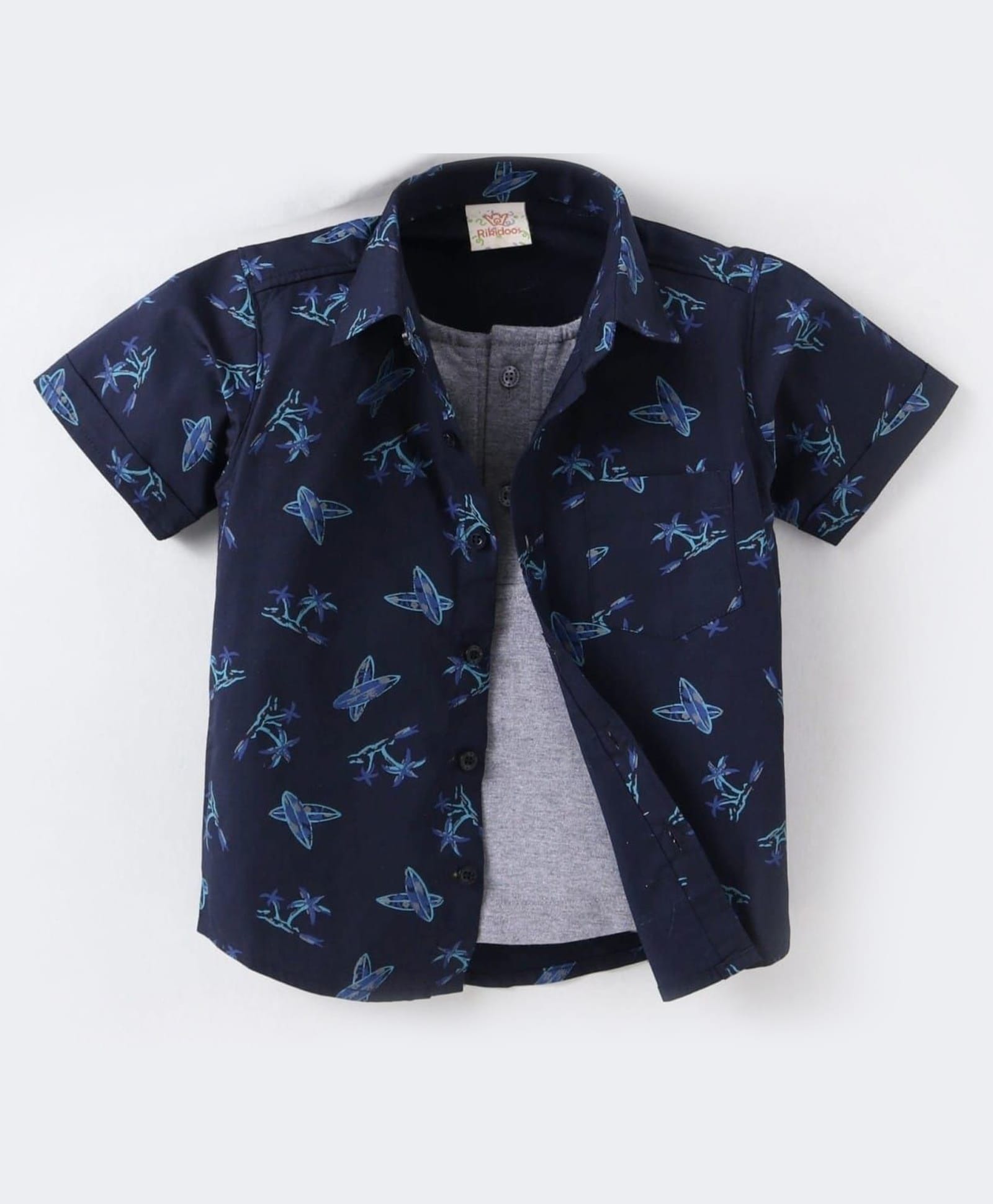 Rikidoos Cotton Woven Half Sleeve Shirt With Attach T-Shirt Navy Blue 2-3 Years-picture-9