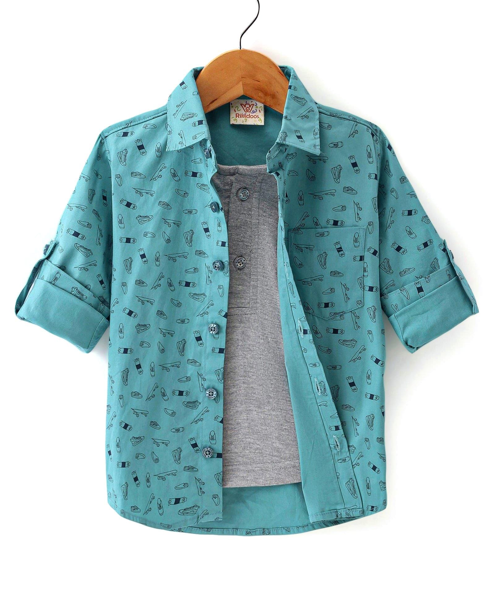 Rikidoos Cotton Woven Shirt Full Sleeve With Attach T-Shirt Green 3-4 Years-image-9