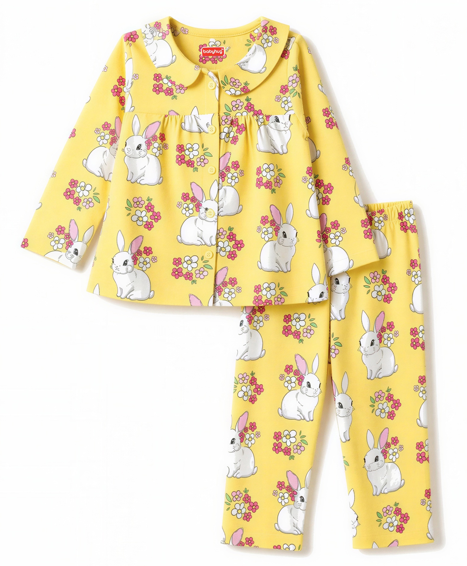 Babyhug Cotton Knit Full Sleeves Bunny & Floral Printed Co-Ords Top & Pyjama Night Suit - Yellow-image-22