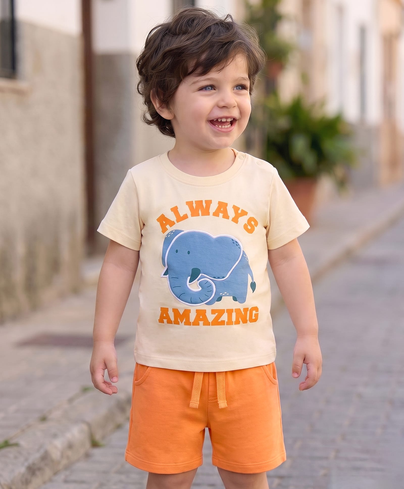 Babyoye 100% Cotton Knit Half Sleeves T-Shirt & Shorts Set with Elephant Print & Patch - Grey & Orange-picture-12