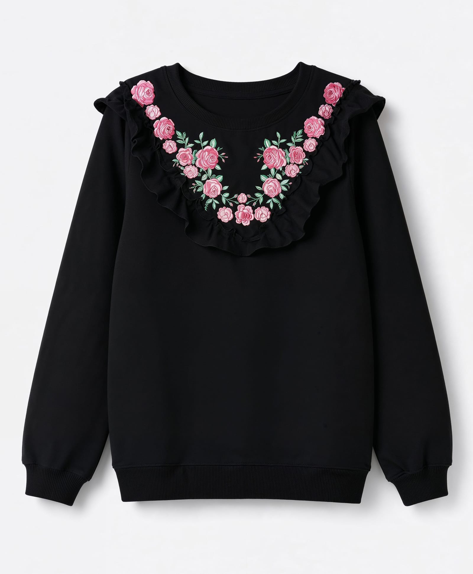 Pine Kids Cotton Knit Sweatshirt with Full Sleeves and Floral Embroidery in Black for 6-7 Years-image-7